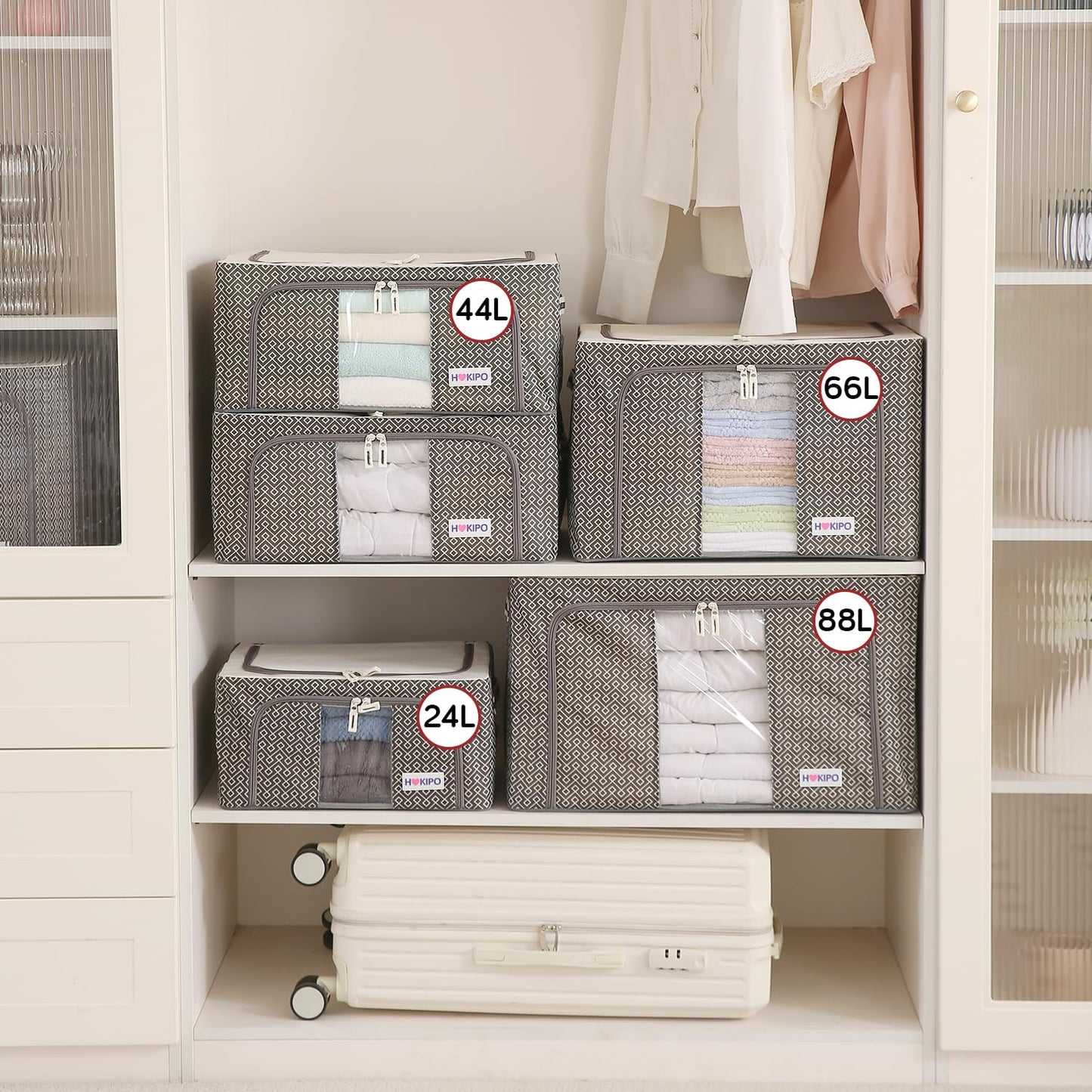 Wardrobe Organizer Storage Box | Foldable Cloth Storage Boxes with Metal Frame & Window | 600D Oxford Fabric, Charcoal Grey