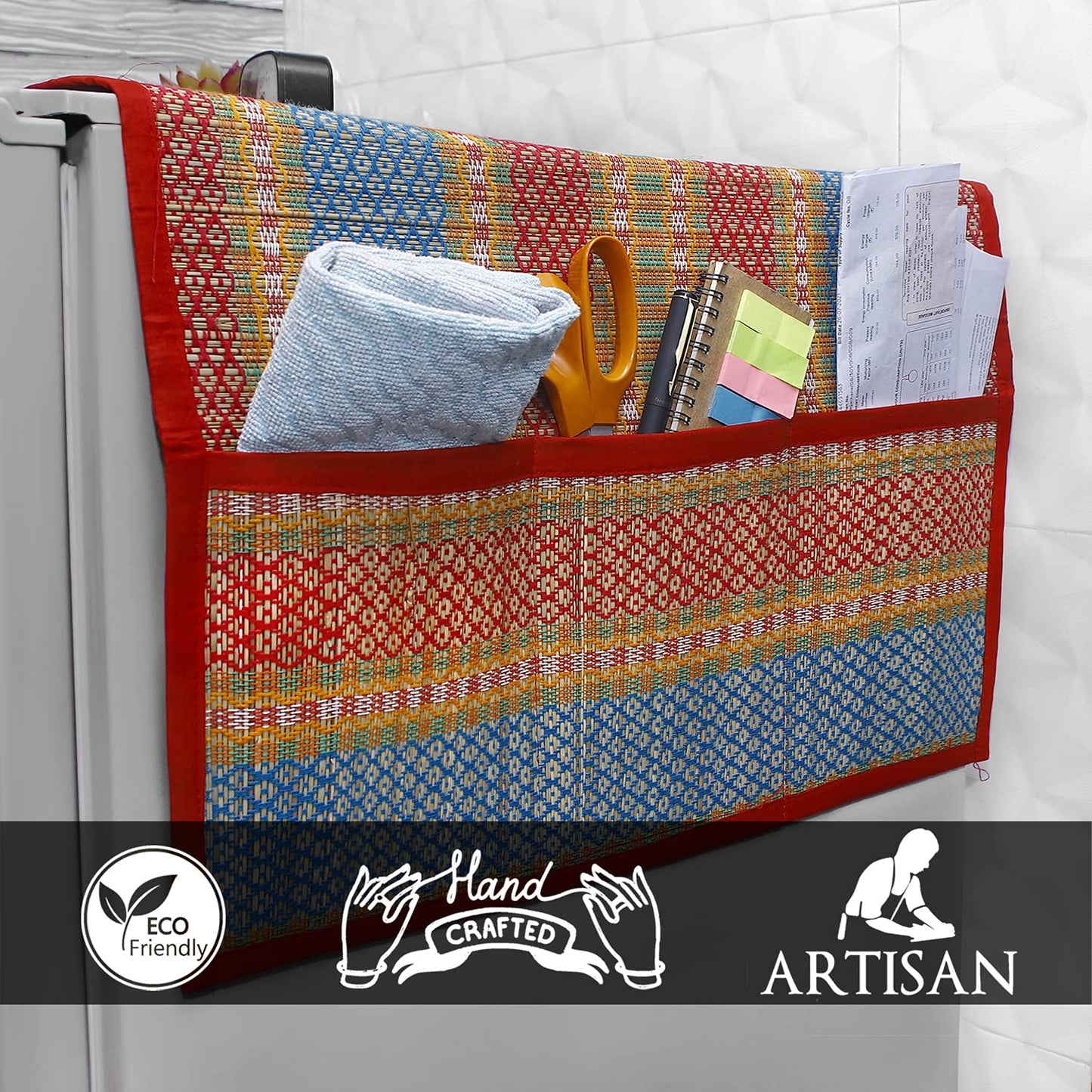 Eco-Friendly Handcrafted Madurkathi Fridge Cover Top with Pockets, Red