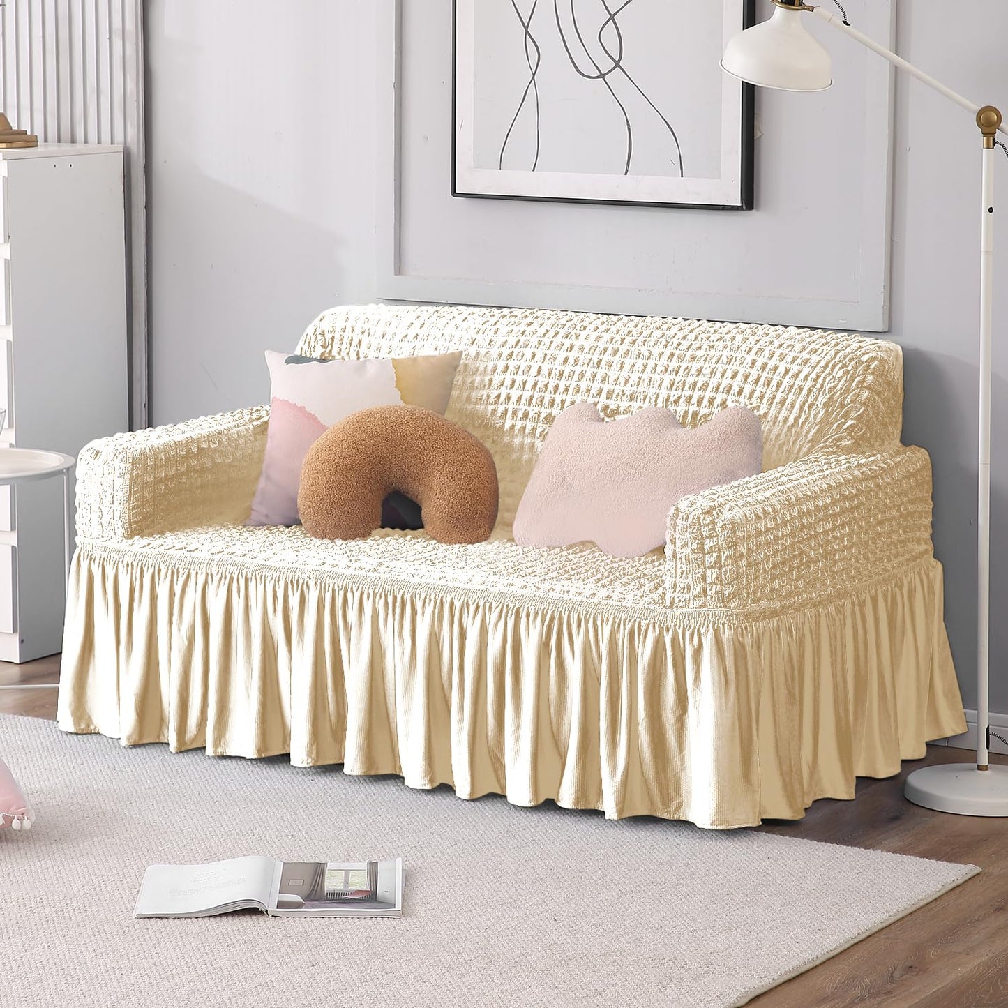 Cream Elastic Turkish Bubble Frill two seater sofa cover