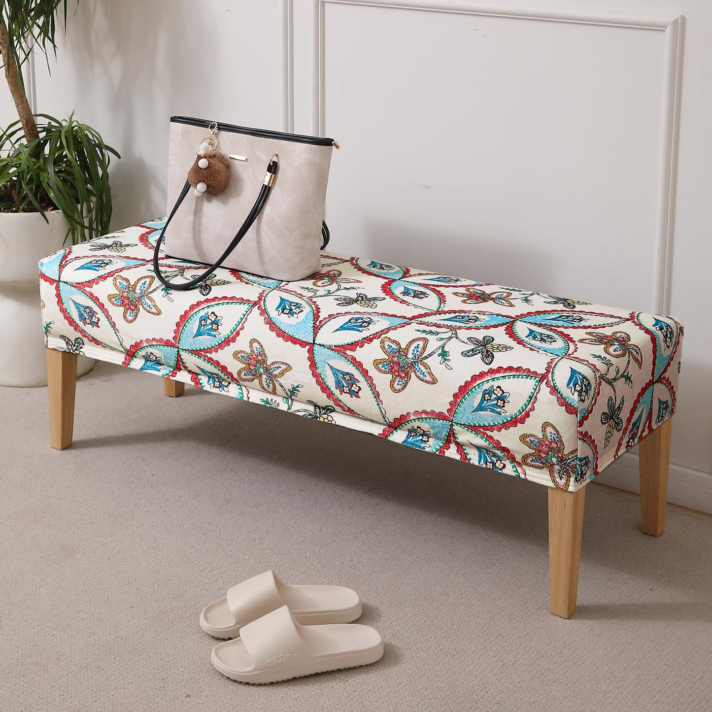 Premium Printed Velvet Stretchable Dining Bench Slipcover, Beige Persian Garden