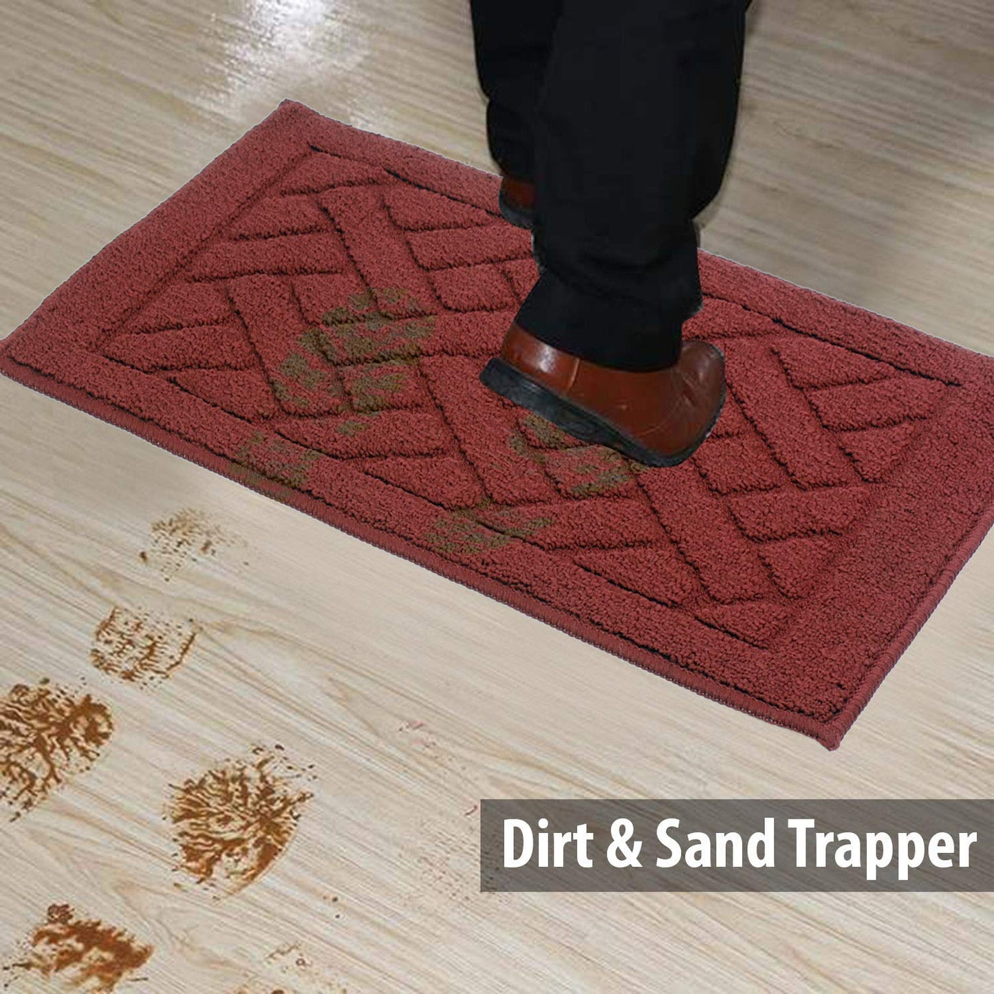 Polypropylene Fiber Rectangular Dirt Trapper Anti-Slip Rubber Back Machine Washable Mat - 45 x 70 cm, Large, RED