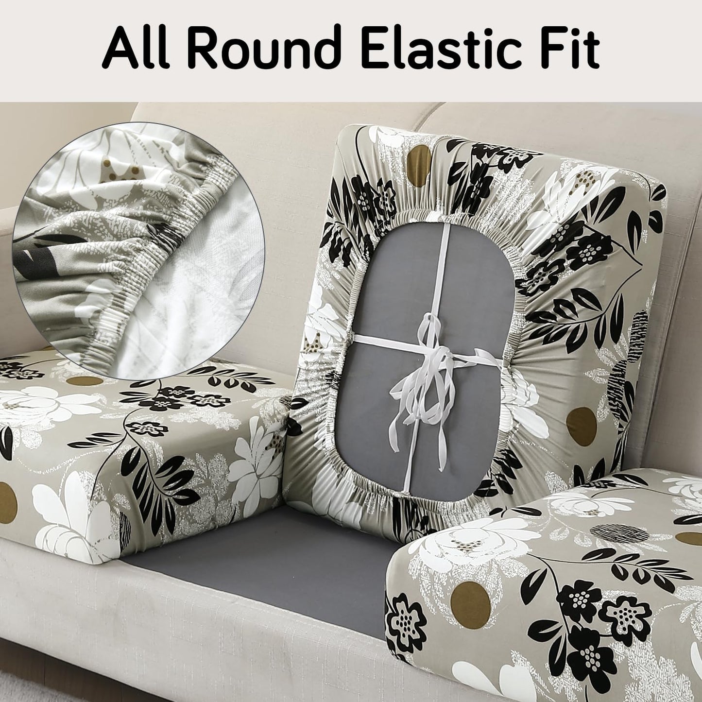 140 GSM Stretchable Printed Elastic Sofa Cushion Seat Cover for 1 /2 /3 Seaters / Pieces for Sofa, Feather Brown Floral