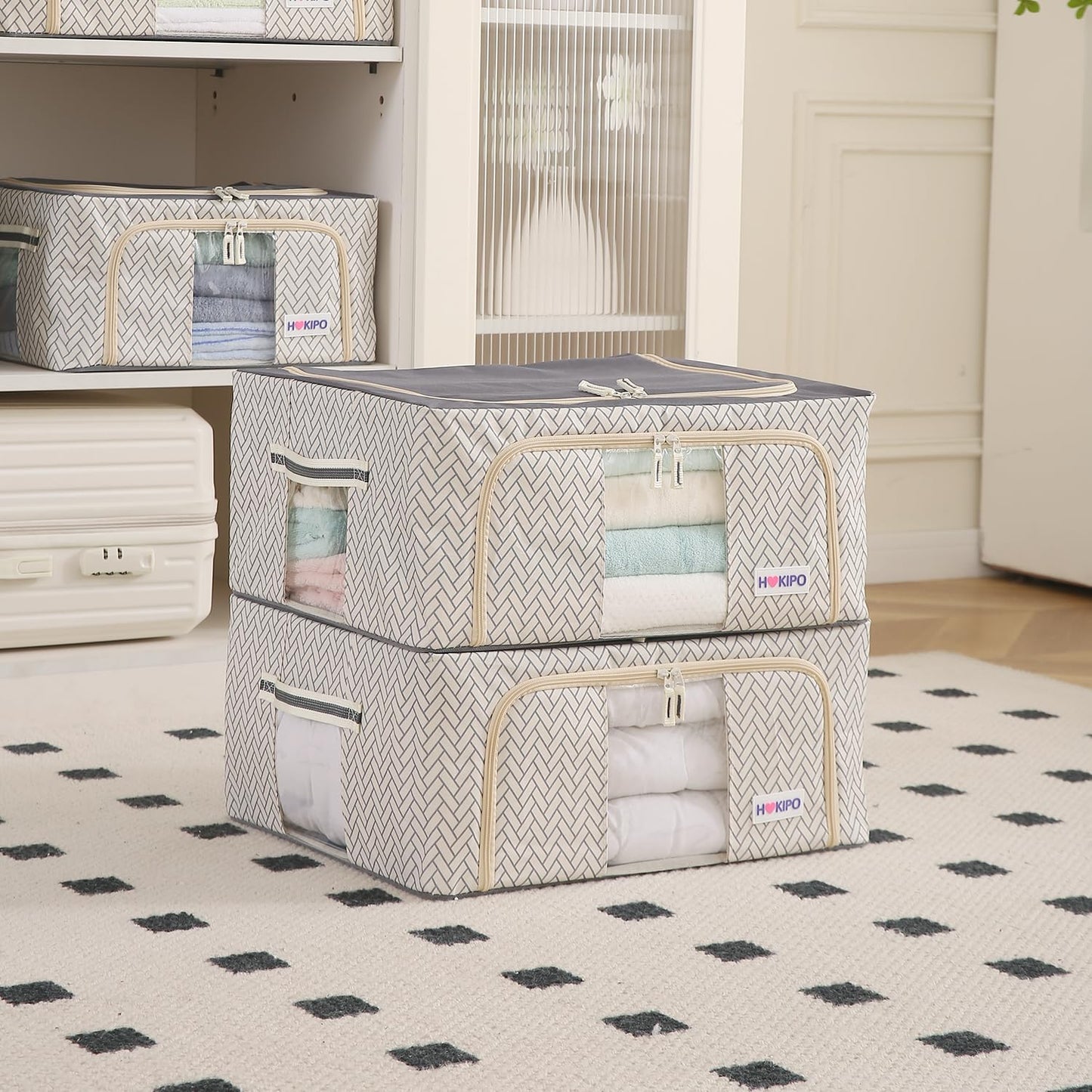 Wardrobe Organizer Storage Box | Foldable Cloth Storage Boxes with Metal Frame & Window | 600D Oxford Fabric, Cream Mist