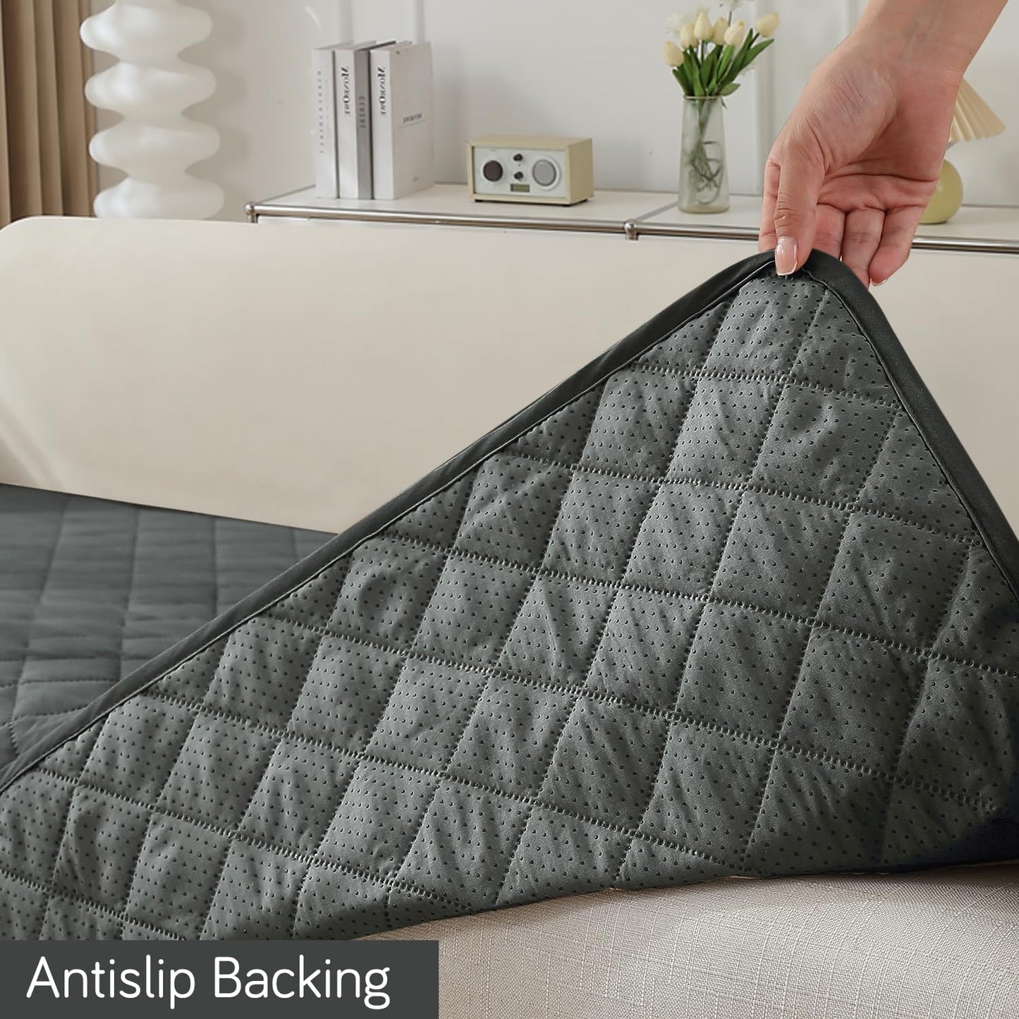 HOKIPO Quilted Waterproof Sofa Seat Mat for 1/2/3 Seater Sofa with 2 Armrest Covers with Pockets, Grey