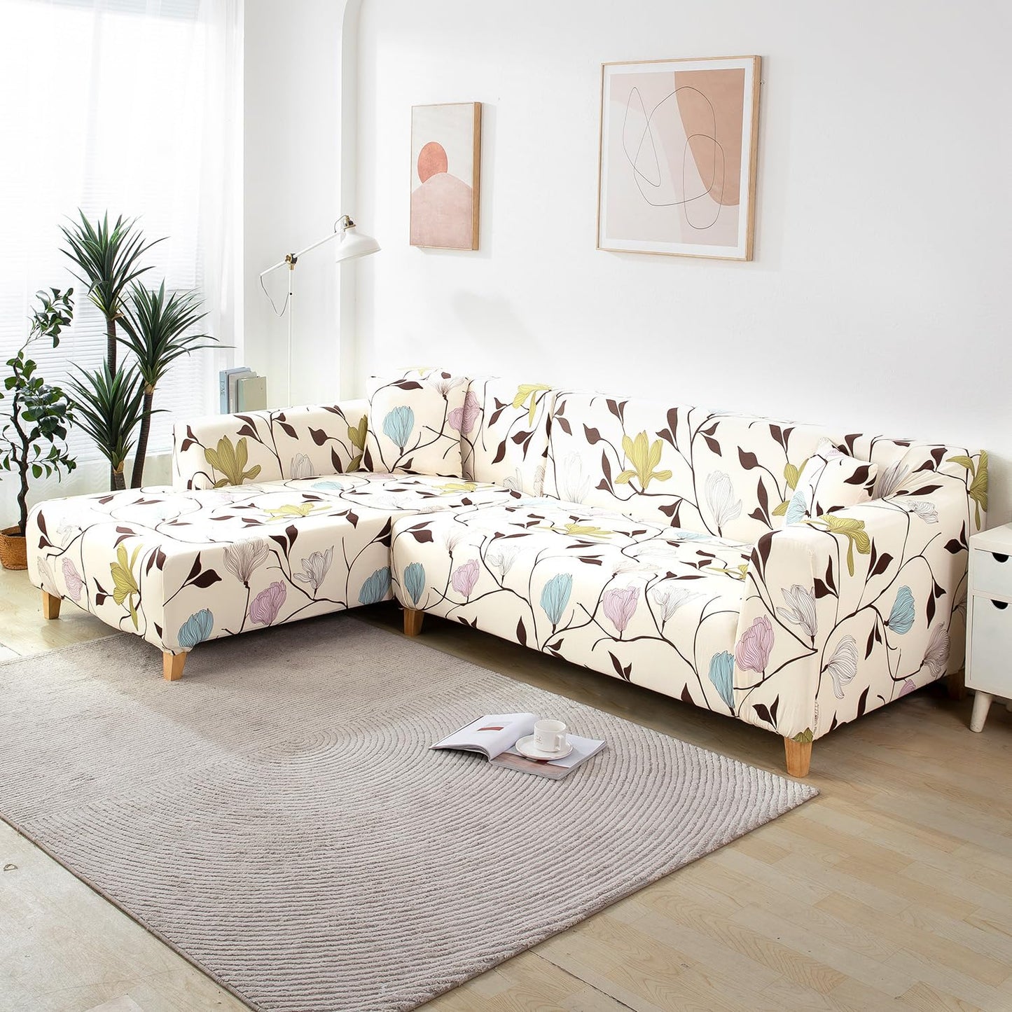 Beige Brown Leaves Floral Print zippered square L-shape sofa pillow covers