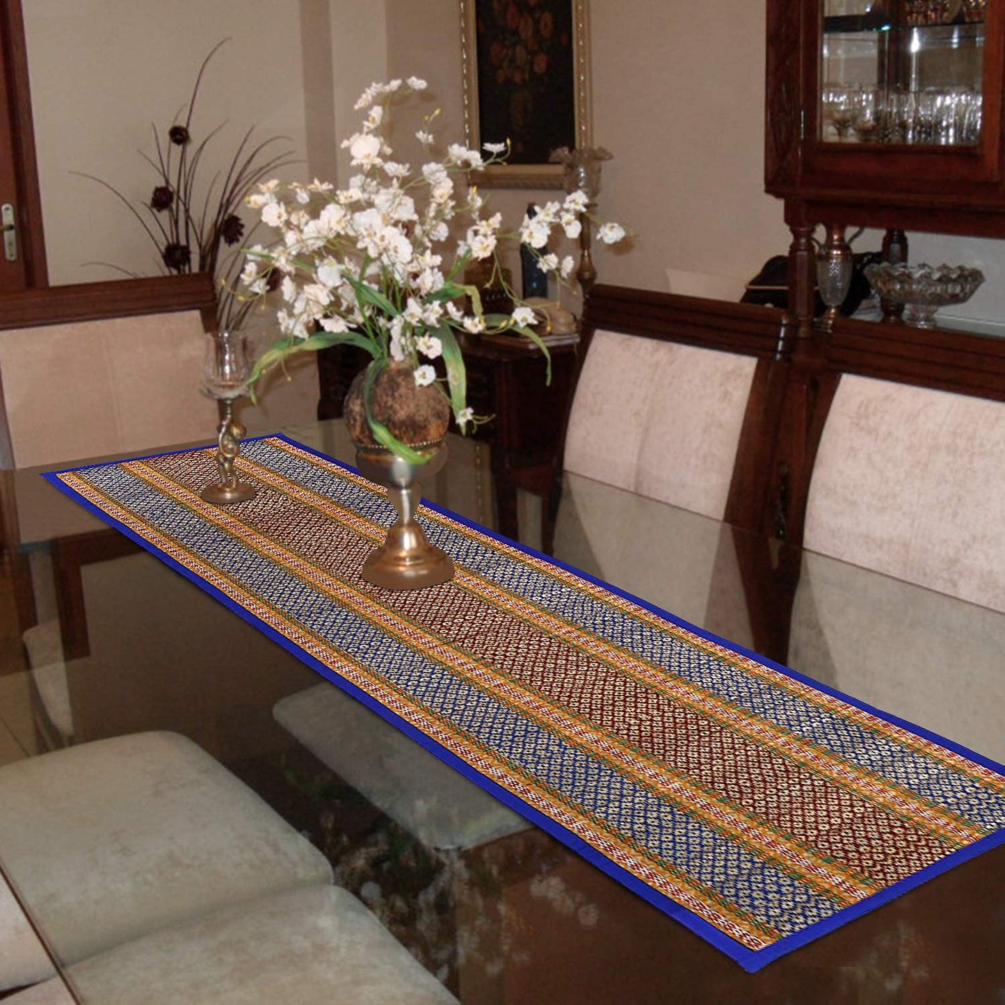 Natural Handmade Madurkathi Table Runner for Dining Table, Centre Table, Coffee Table, Teapoy, Blue