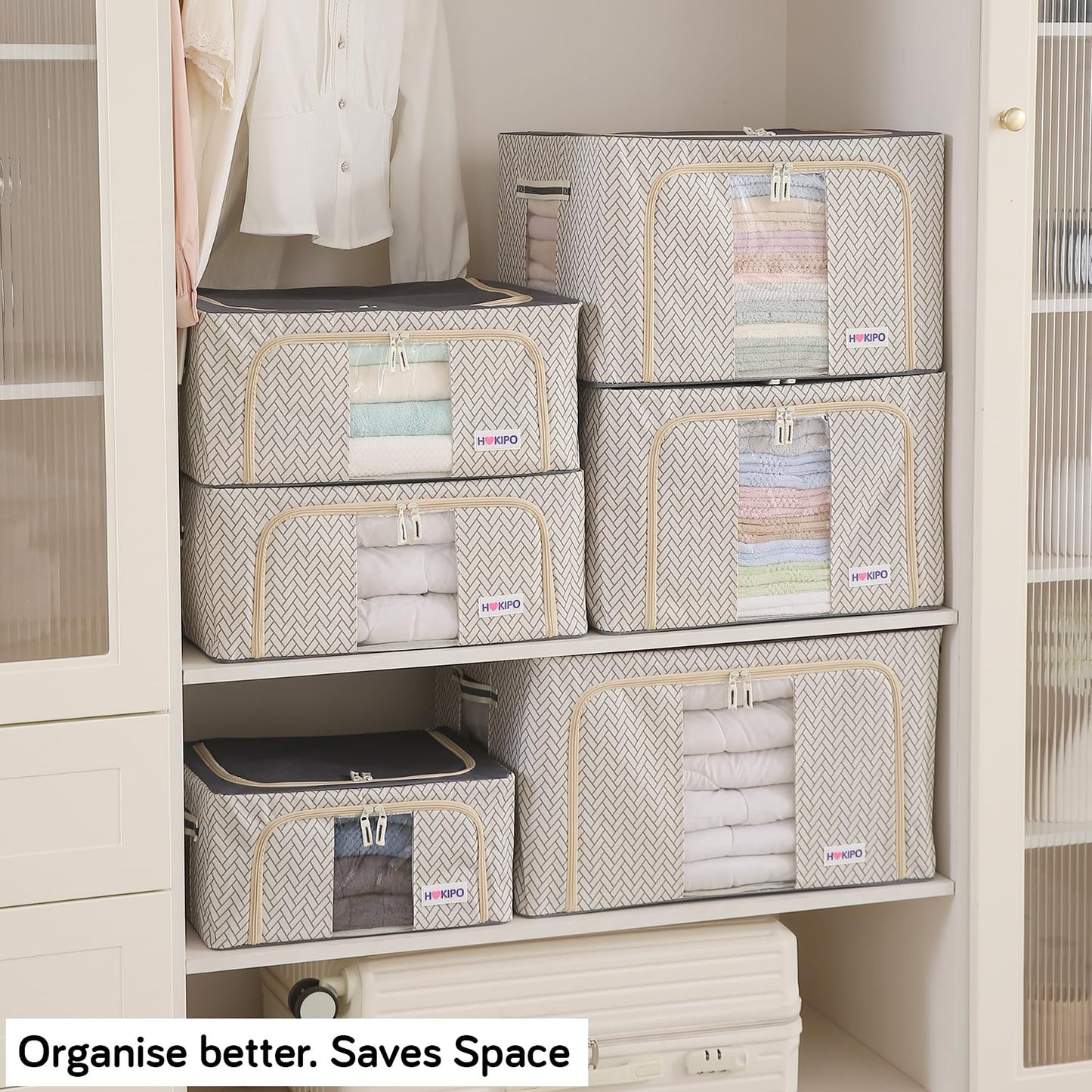 Wardrobe Organizer Storage Box | Foldable Cloth Storage Boxes with Metal Frame & Window | 600D Oxford Fabric, Cream Mist