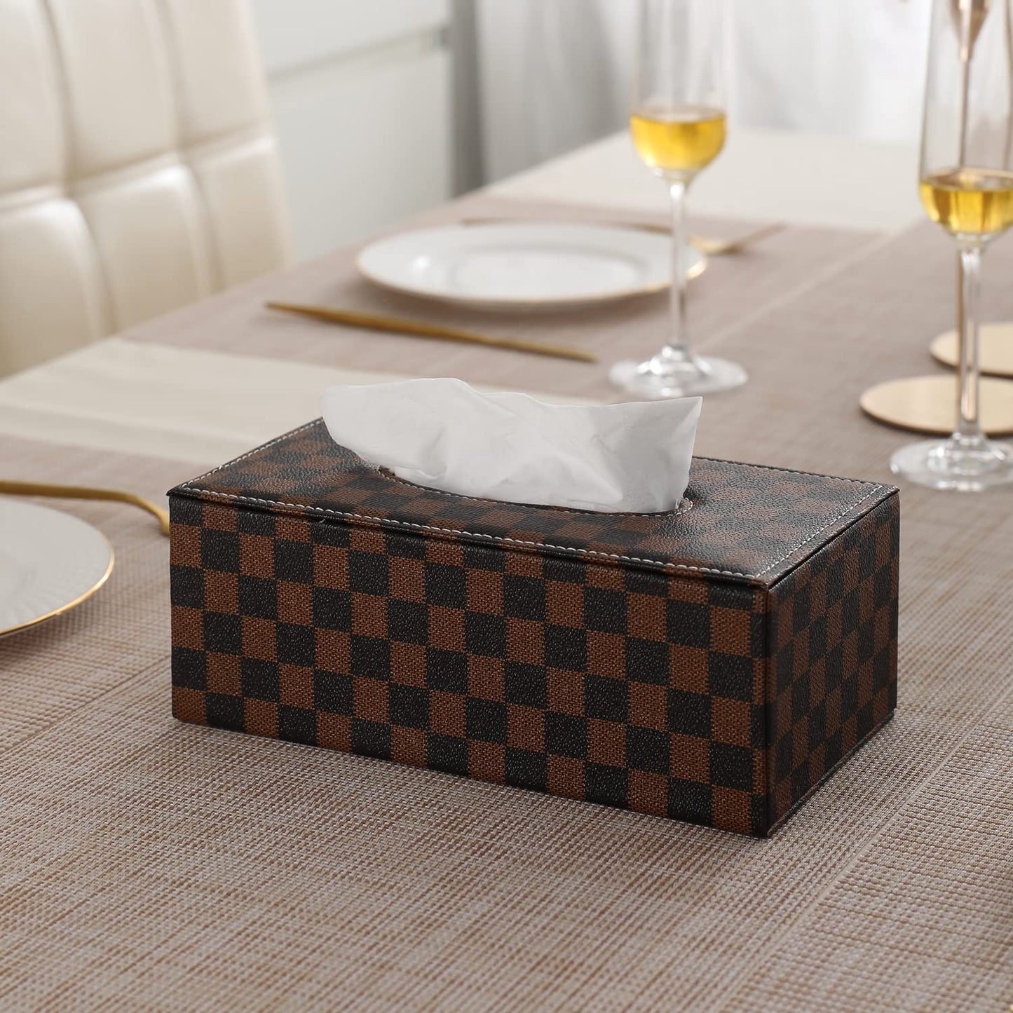 buy brown checks leatherette tissue paper box | HOKIPO