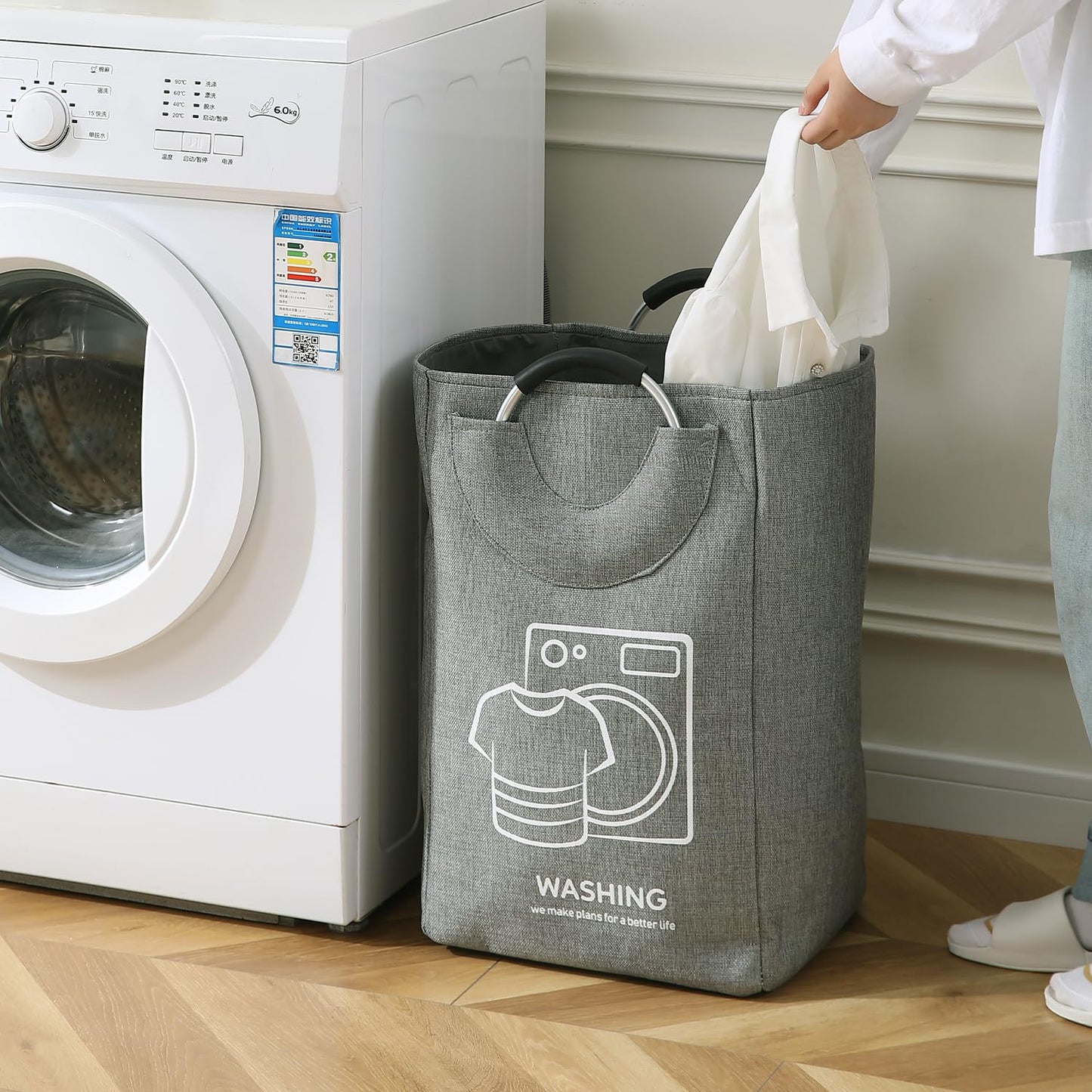 Folding Laundry Bag for Clothes Hamper Basket Collapsible Storage Basket, 30 x 27 x 55 cm Grey
