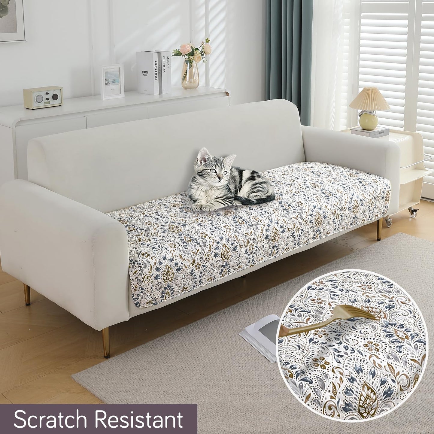 Quilted 1/2/3 Seater Waterproof and Anti-Slip Sofa Cover Mat, Damask White