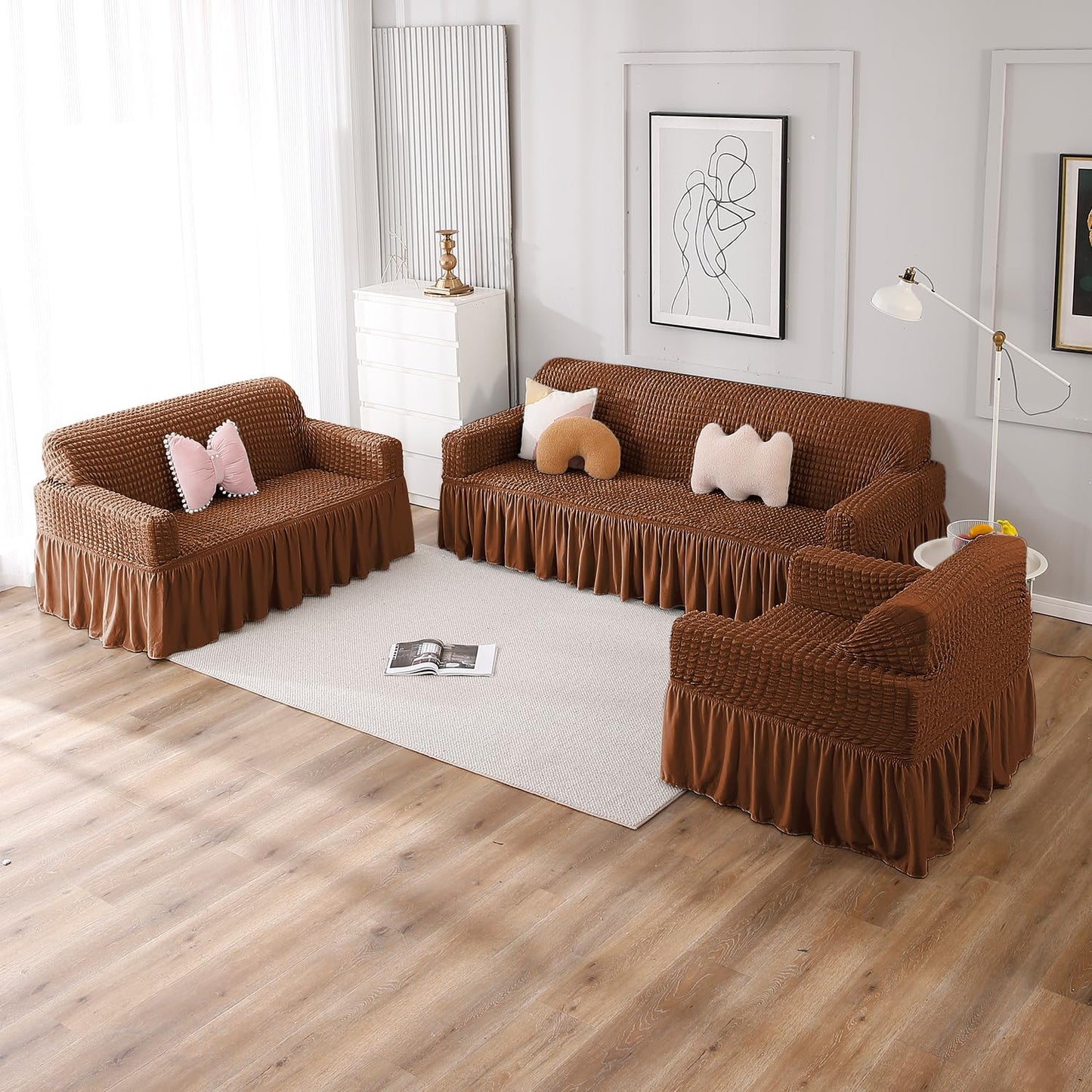 Chocolate Brown Elastic stretchable Turkish Bubble frill sofa cover set available for 1, 2, 3, 4, 5, 6 & 7 seater sofas