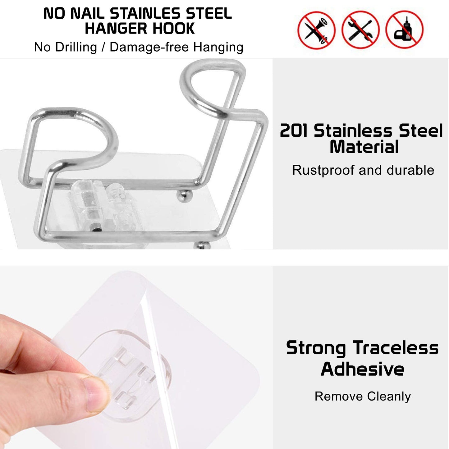 Magic Sticker Series Glass Wall Adhesive L Hooks With Load Capacity 5 Kg Each - Pack Of 1/2/4, Silver