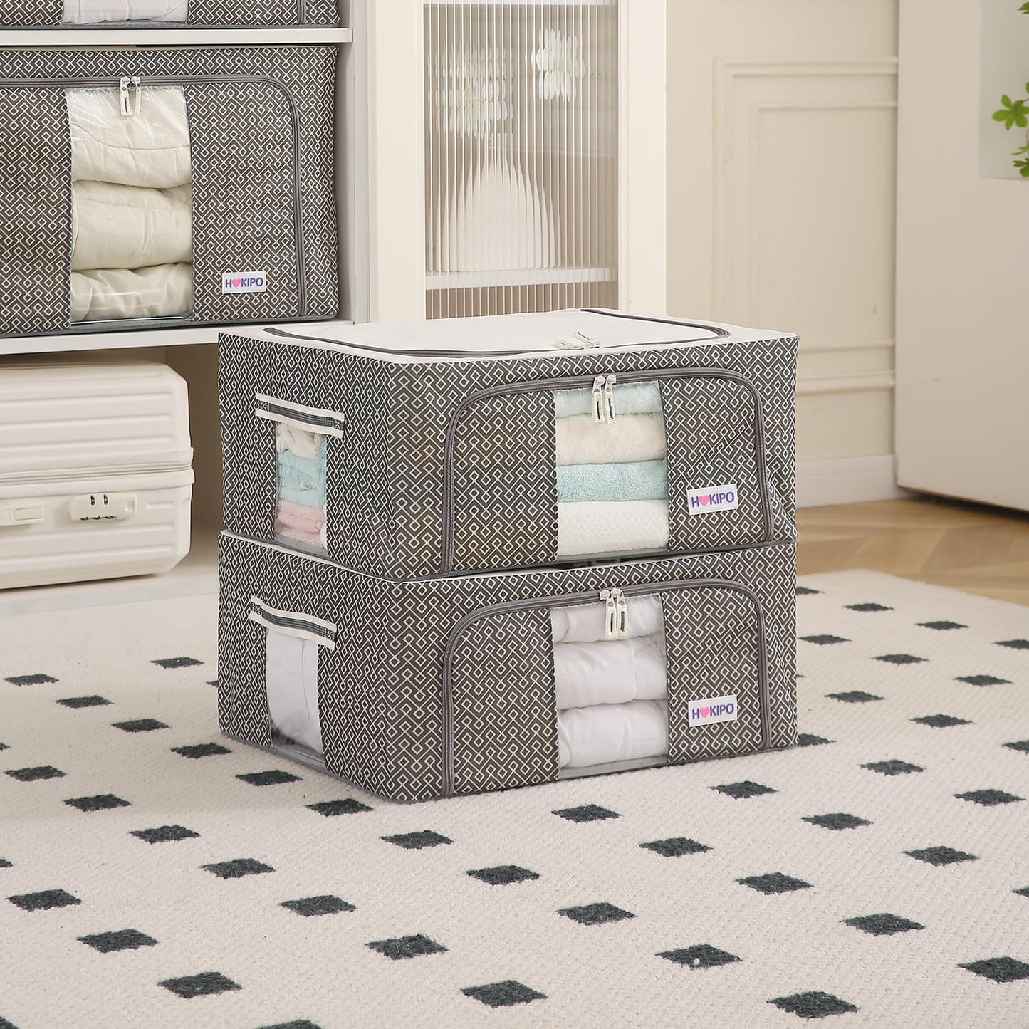 Wardrobe Organizer Storage Box | Foldable Cloth Storage Boxes with Metal Frame & Window | 600D Oxford Fabric, Charcoal Grey