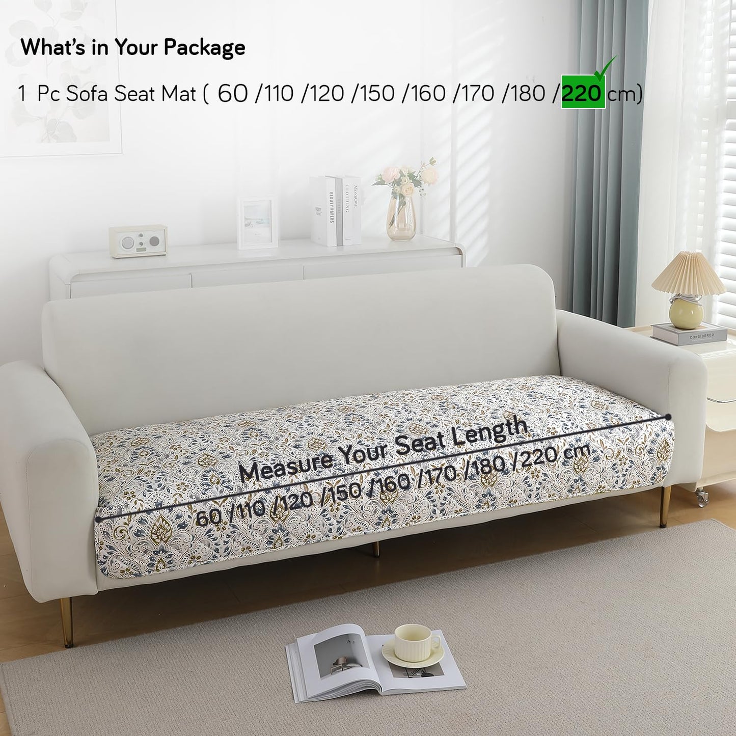 Quilted Waterproof and Anti-Slip Sofa Cover Mat, Damask White