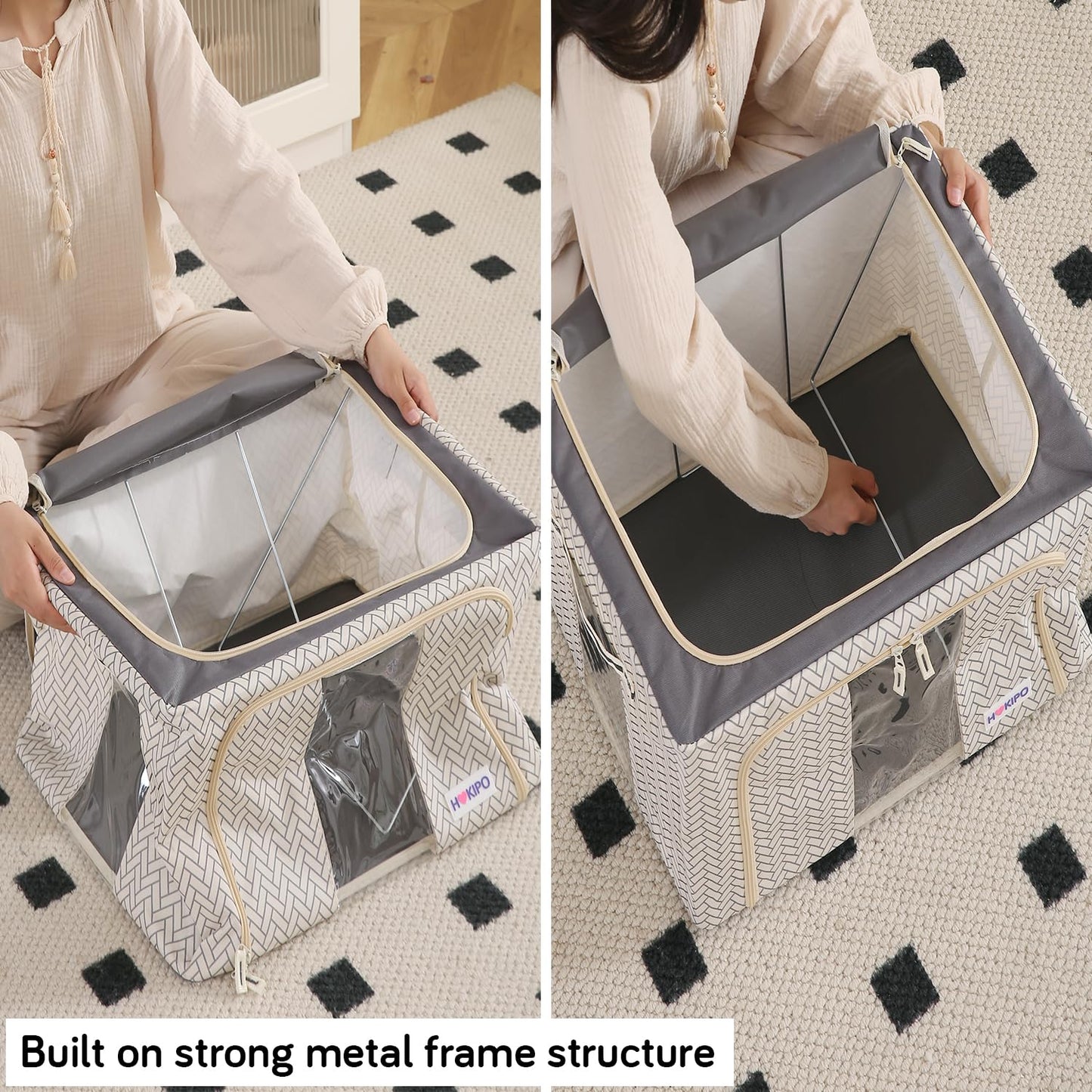 Wardrobe Organizer Storage Box | Foldable Cloth Storage Boxes with Metal Frame & Window | 600D Oxford Fabric, Cream Mist
