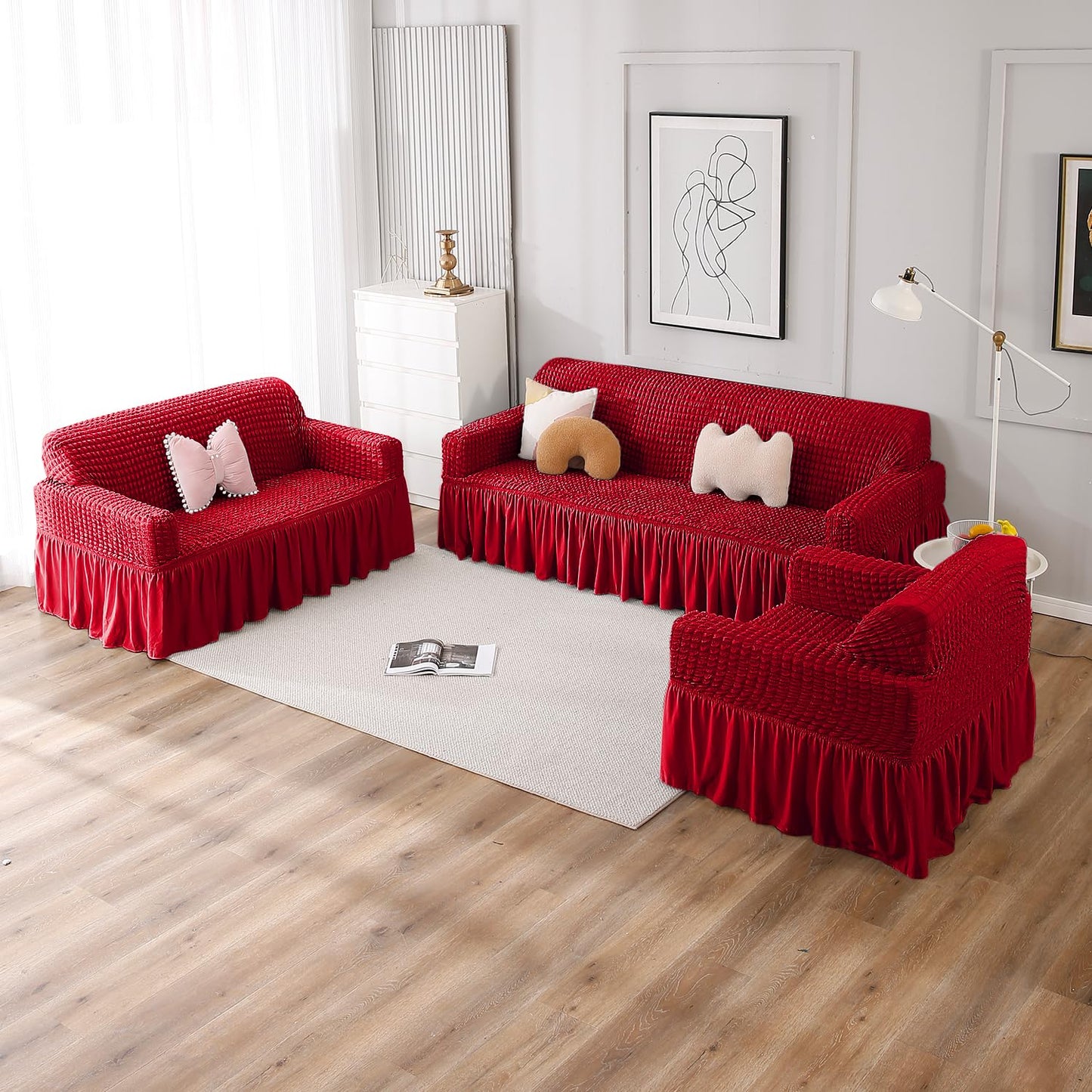Scarlet Red Elastic stretchable Turkish Bubble frill sofa cover set available for 1, 2, 3, 4, 5, 6 & 7 seater sofas