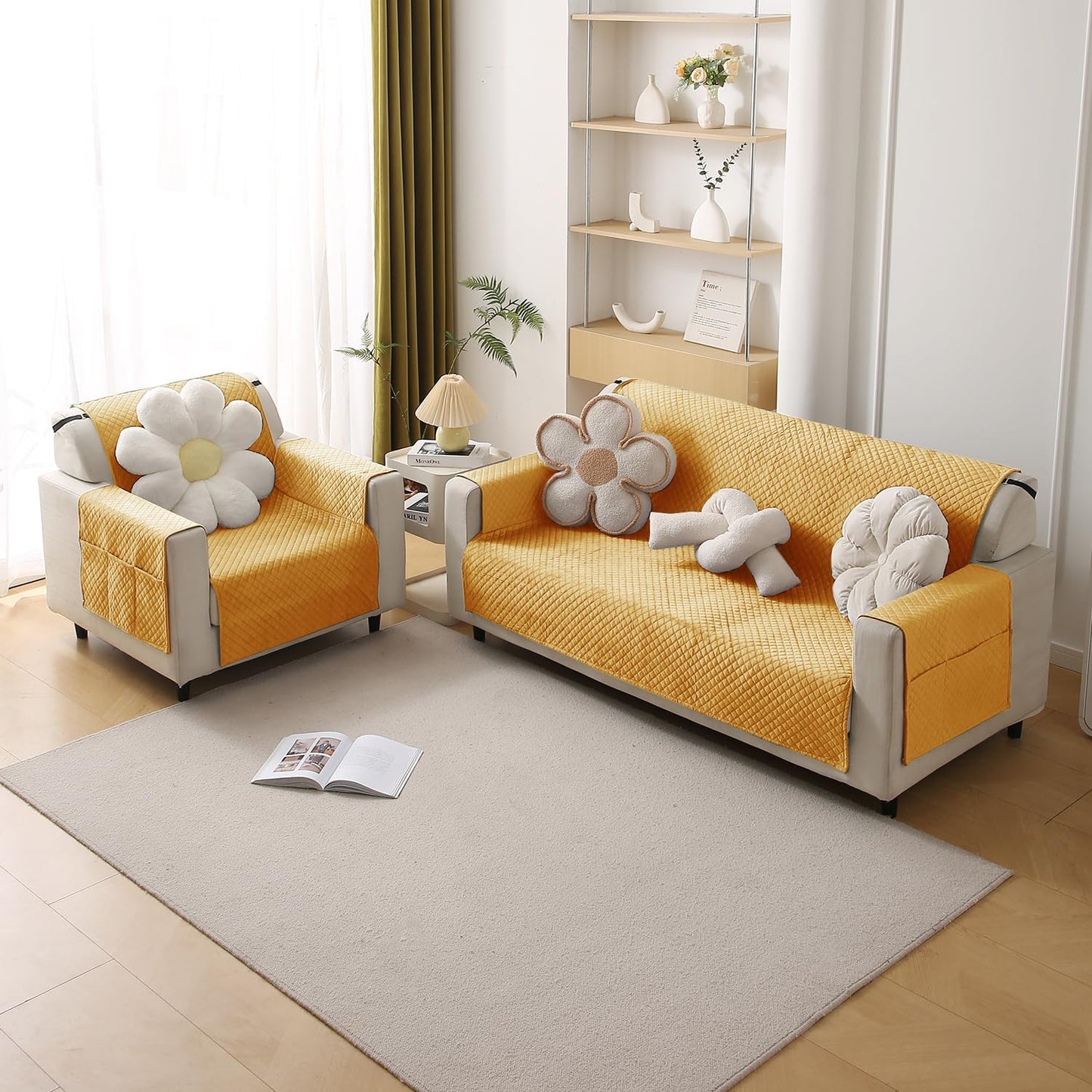 Quilted Velvet Sofa Cover Mat with Side Pockets, Pet Friendly, Mustard Yellow