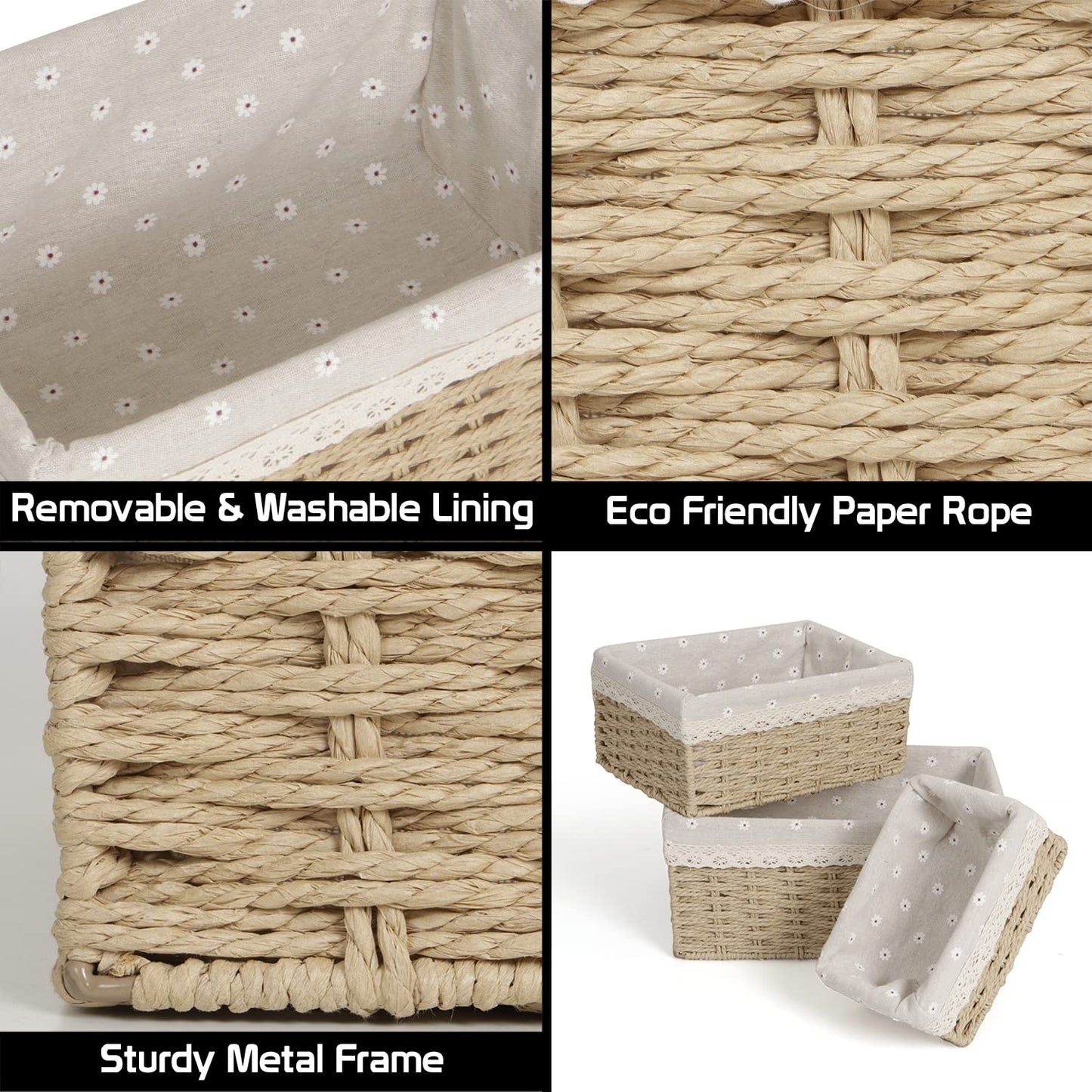 Eco-Friendly Handwoven Paper Weave Wicker Oval Basket For Home, Office, Wardrobe. Pack Of 3, Beige