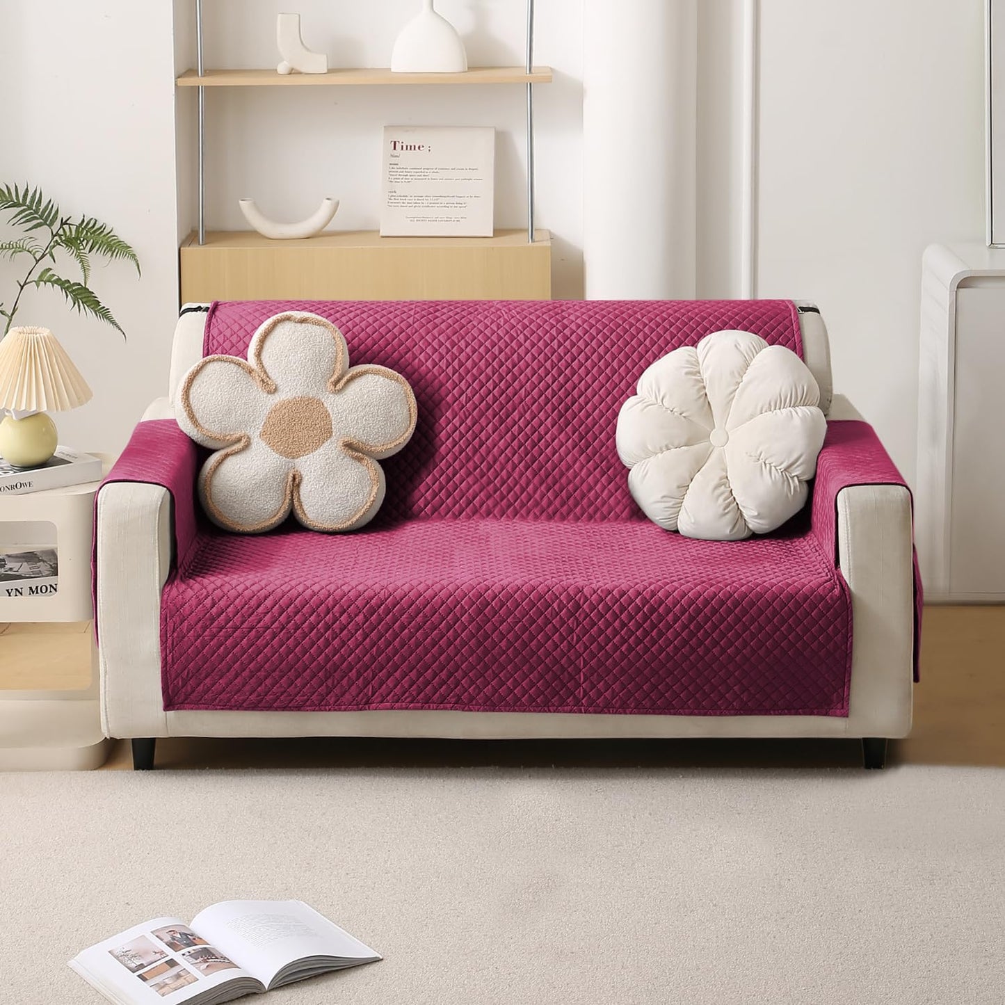 Quilted Velvet Sofa Cover Mat with Side Pockets, Pet Friendly, Wine