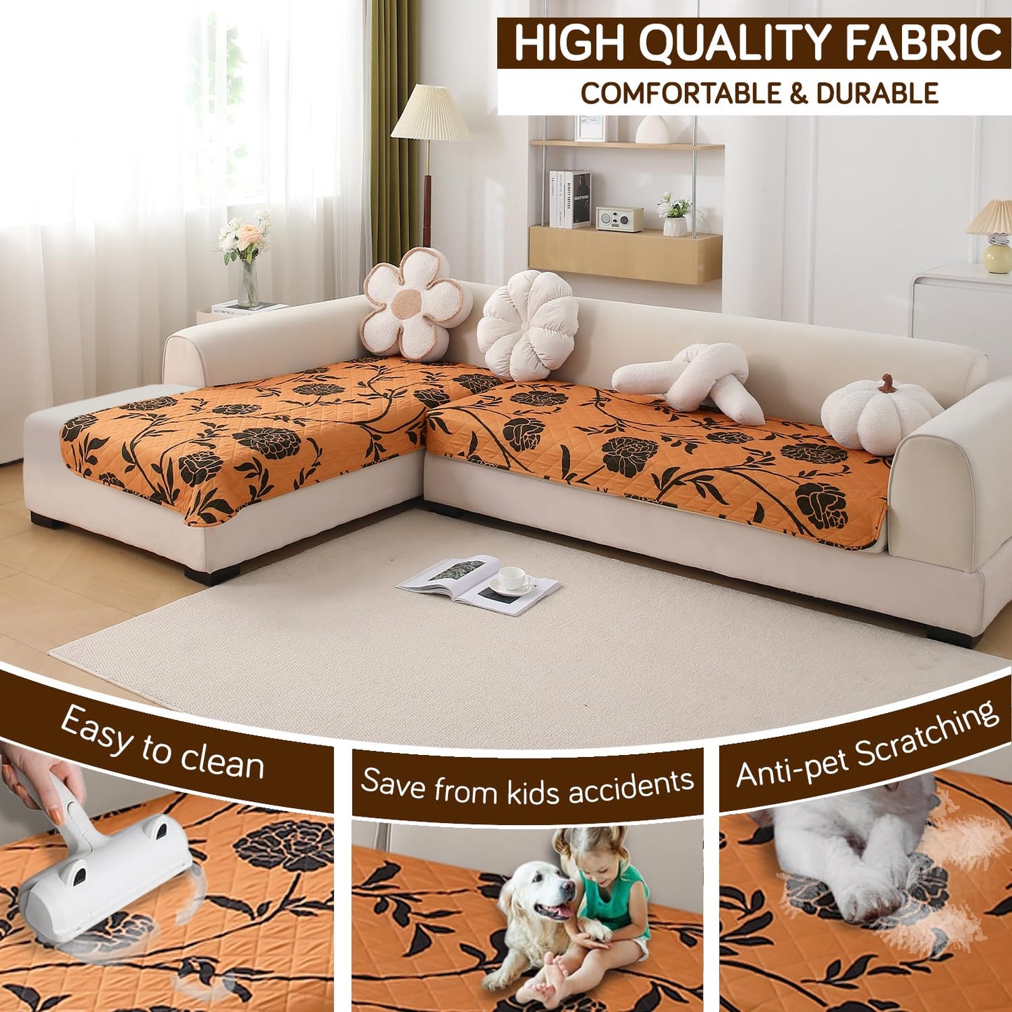 Waterproof Printed Quilted Quick Dry L Shape Sofa Seat Cover Mat, Copper Brown Floral