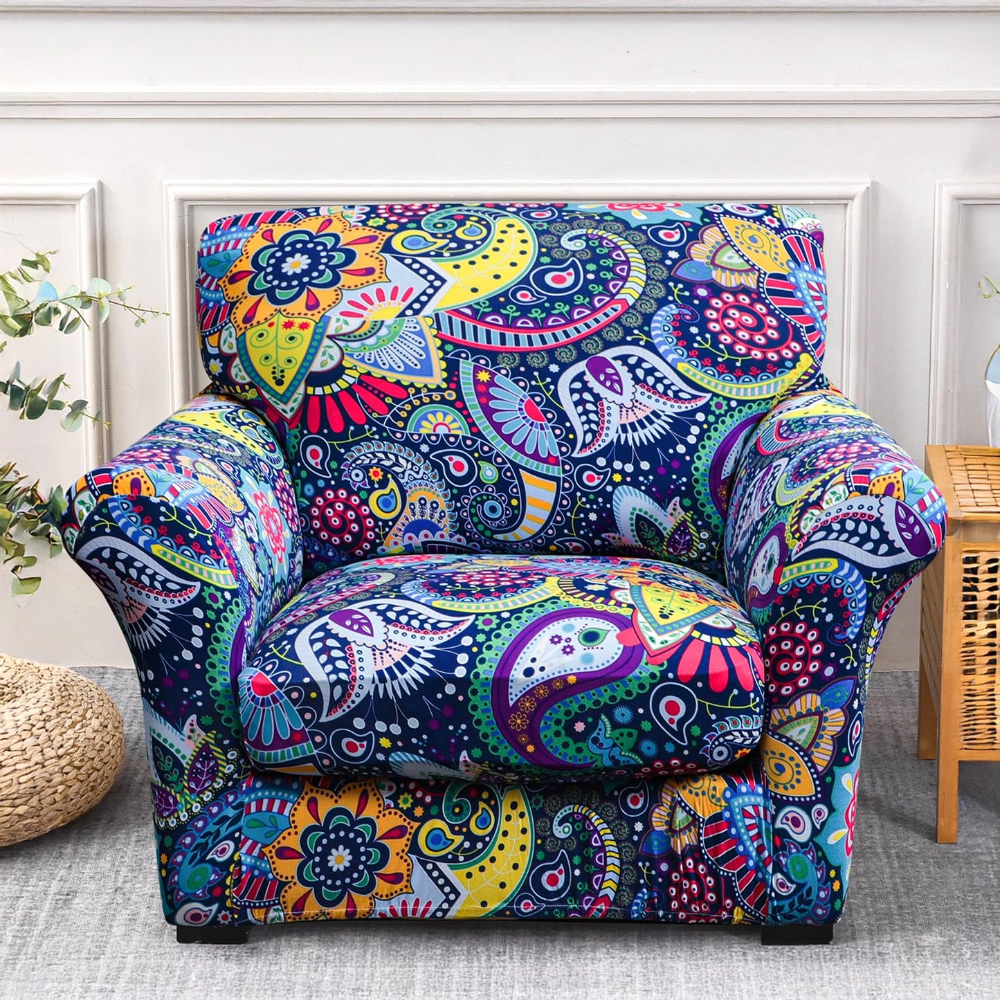 Printed Stretchable Sofa Slipcover with 1/2/3 Pc Separate Seat Cushion Cover for each 1/2/3 Seater, Saphire Boho Carnival