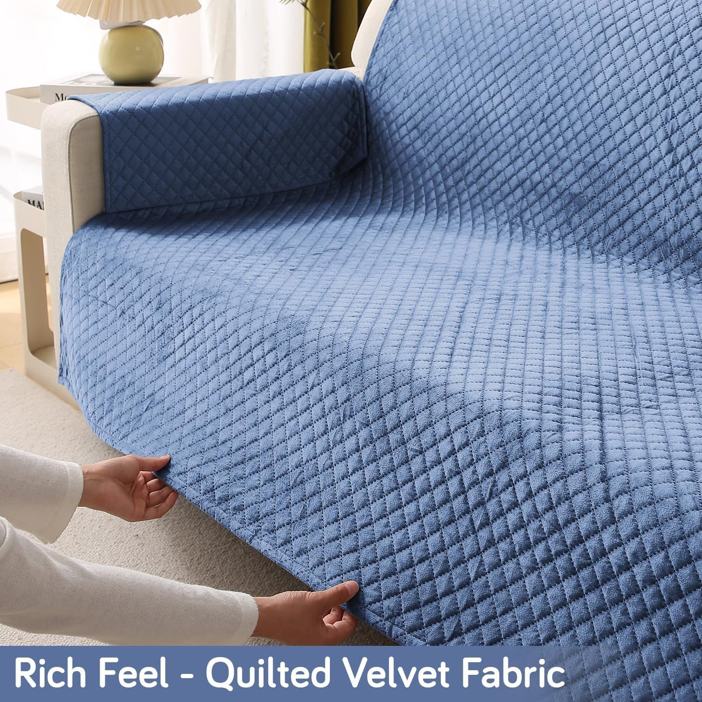 Quilted Velvet Sofa Cover Mat with Side Pockets, Pet Friendly, Placid Blue