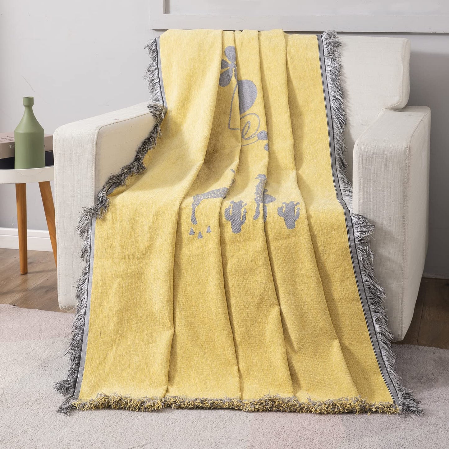 Yellow Nature Chenille Sofa Throw Blanket | 1/2/3 Seater Couch Throw