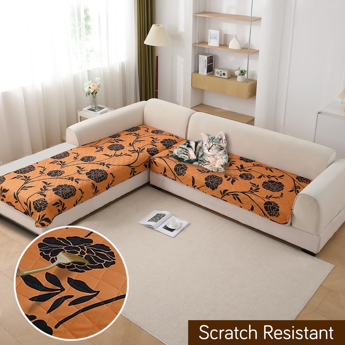Waterproof Printed Quilted Quick Dry L Shape Sofa Seat Cover Mat, Copper Brown Floral