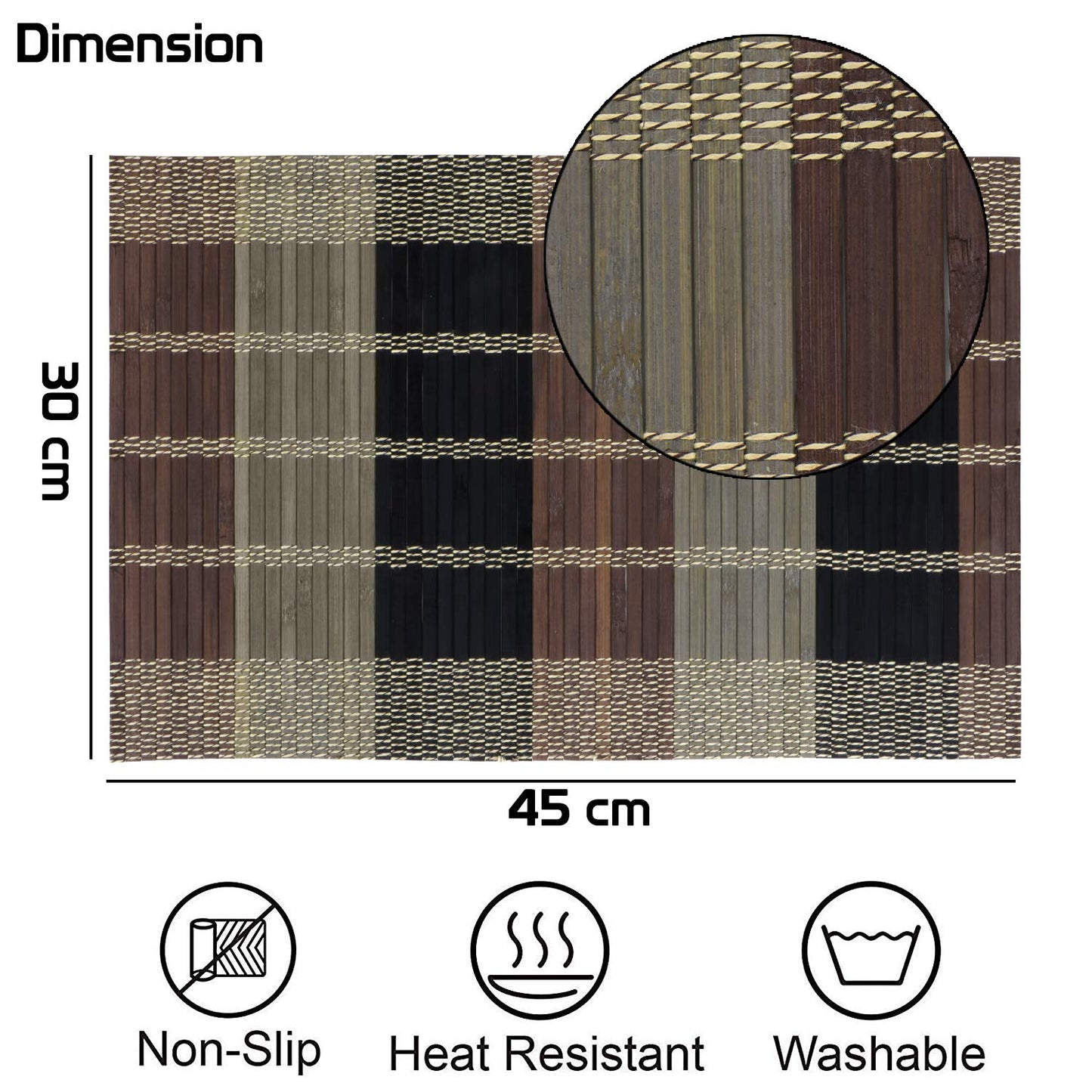 Reversible Bamboo Placemats Set of 6 Table Mats, 45x30 cm