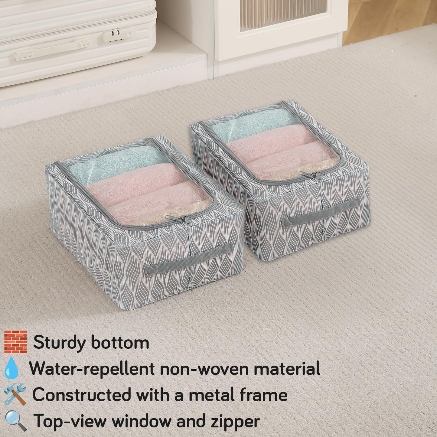 Cloth Organizer with Metal Frame | Moisture & Moth Resistant Wardrobe Organizer | Living Box for Clothes, Grey leaf