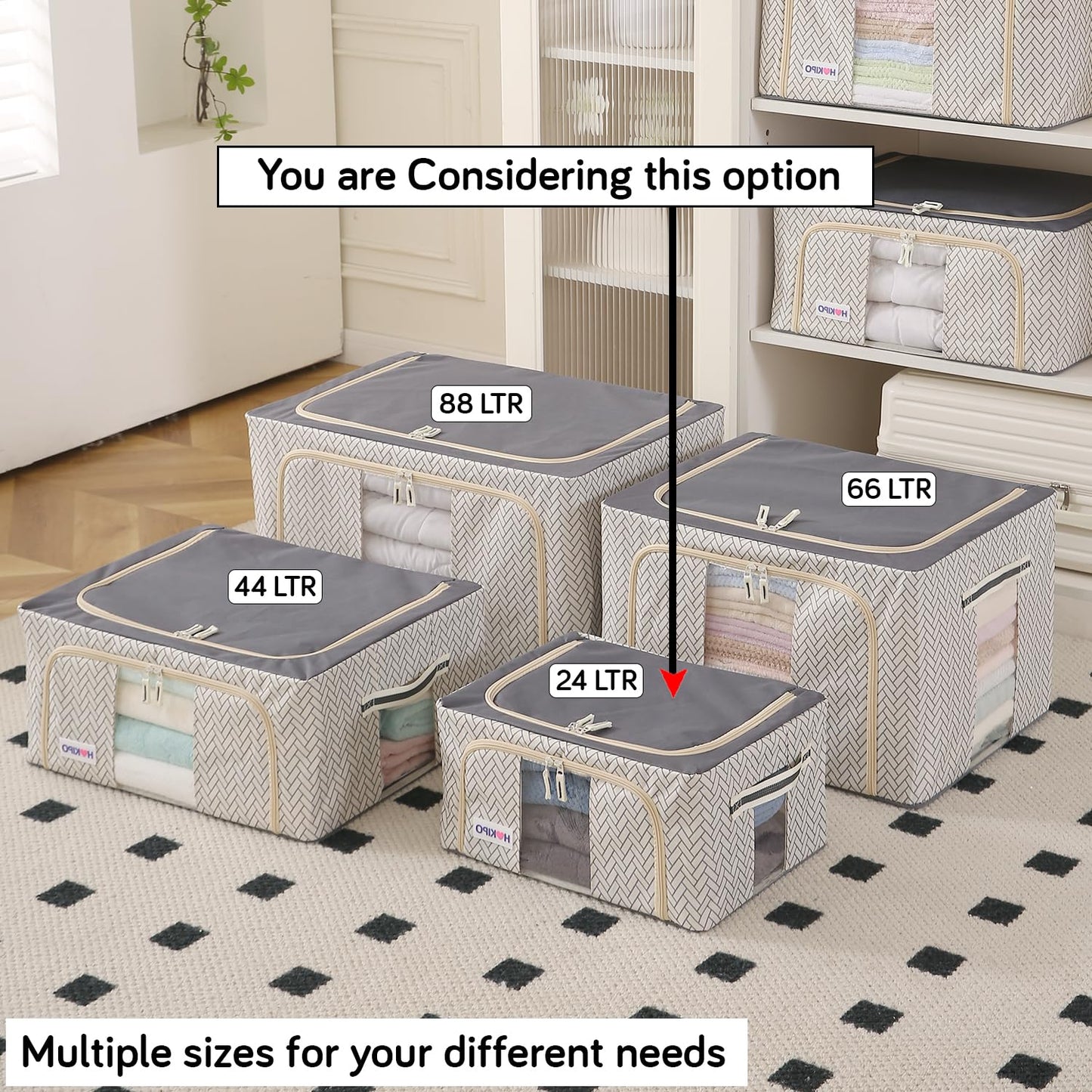 Wardrobe Organizer Storage Box | Foldable Cloth Storage Boxes with Metal Frame & Window | 600D Oxford Fabric, Cream Mist