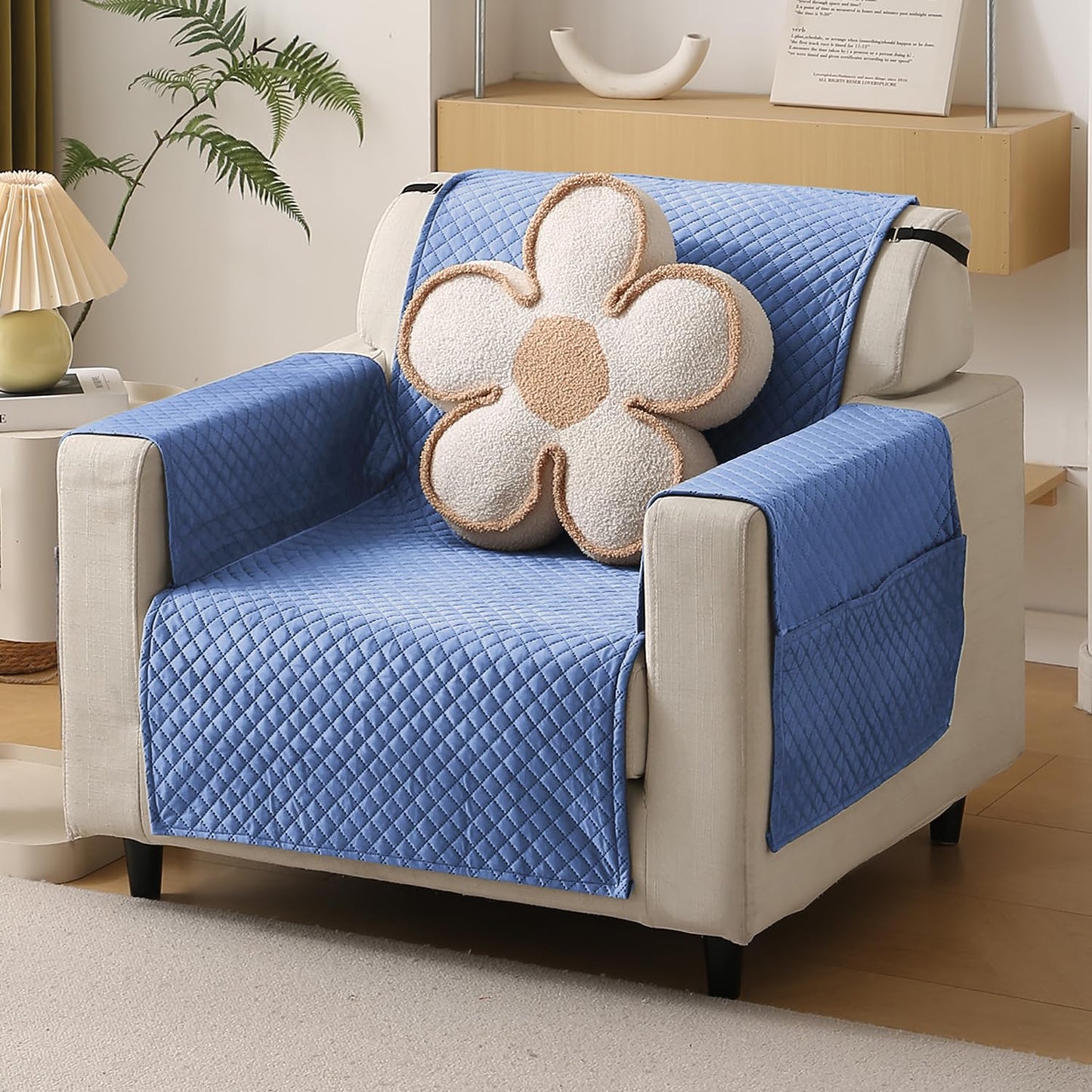 Quilted Velvet Sofa Cover Mat with Side Pockets, Pet Friendly, Placid Blue