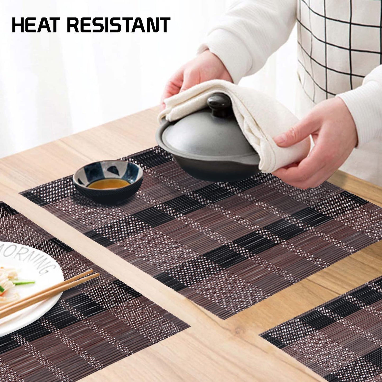 Reversible Bamboo Placemats for Dining Table Set of 6 Table Mats, 45x30 cm, Brown Black