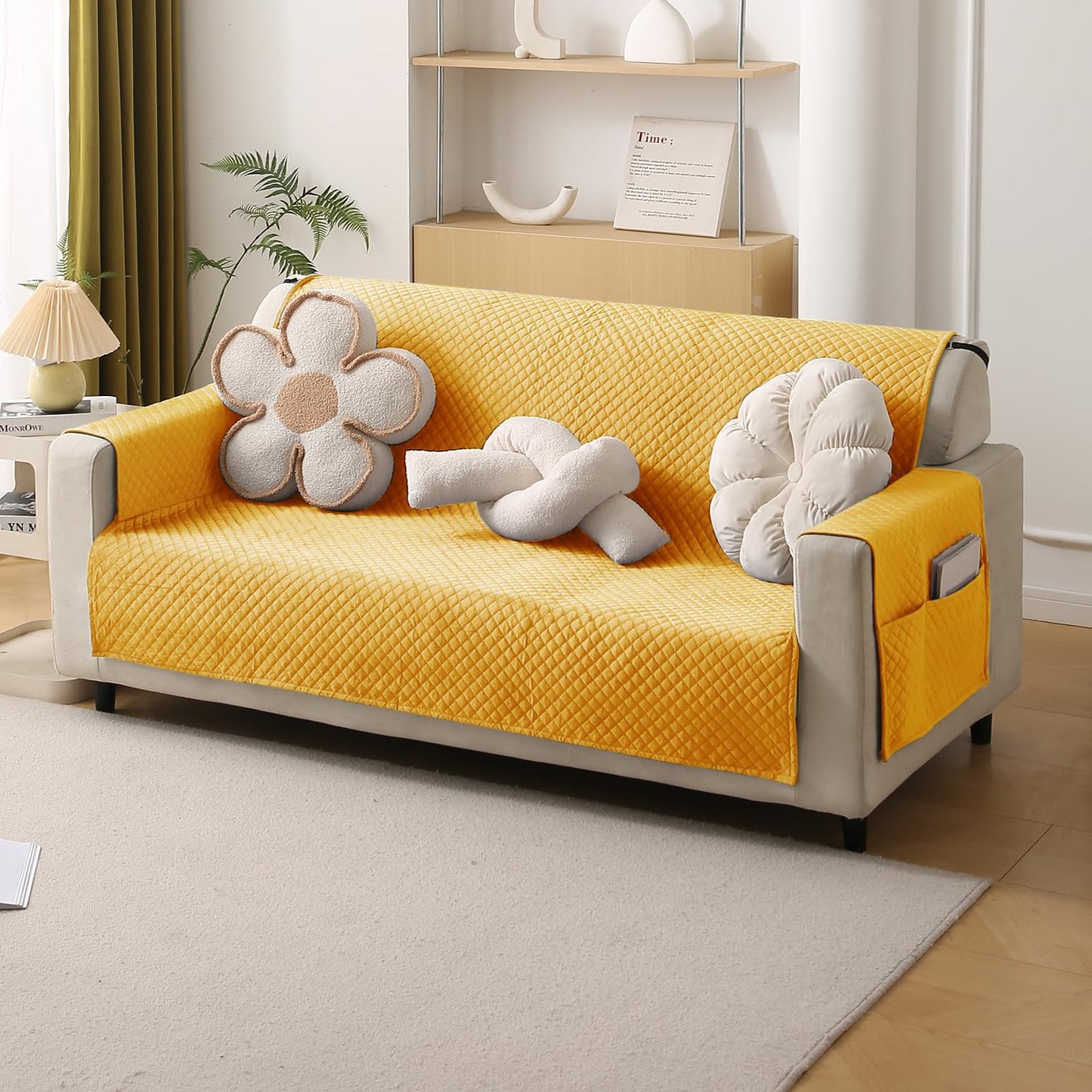 Quilted Velvet Sofa Cover Mat with Side Pockets, Pet Friendly, Mustard Yellow