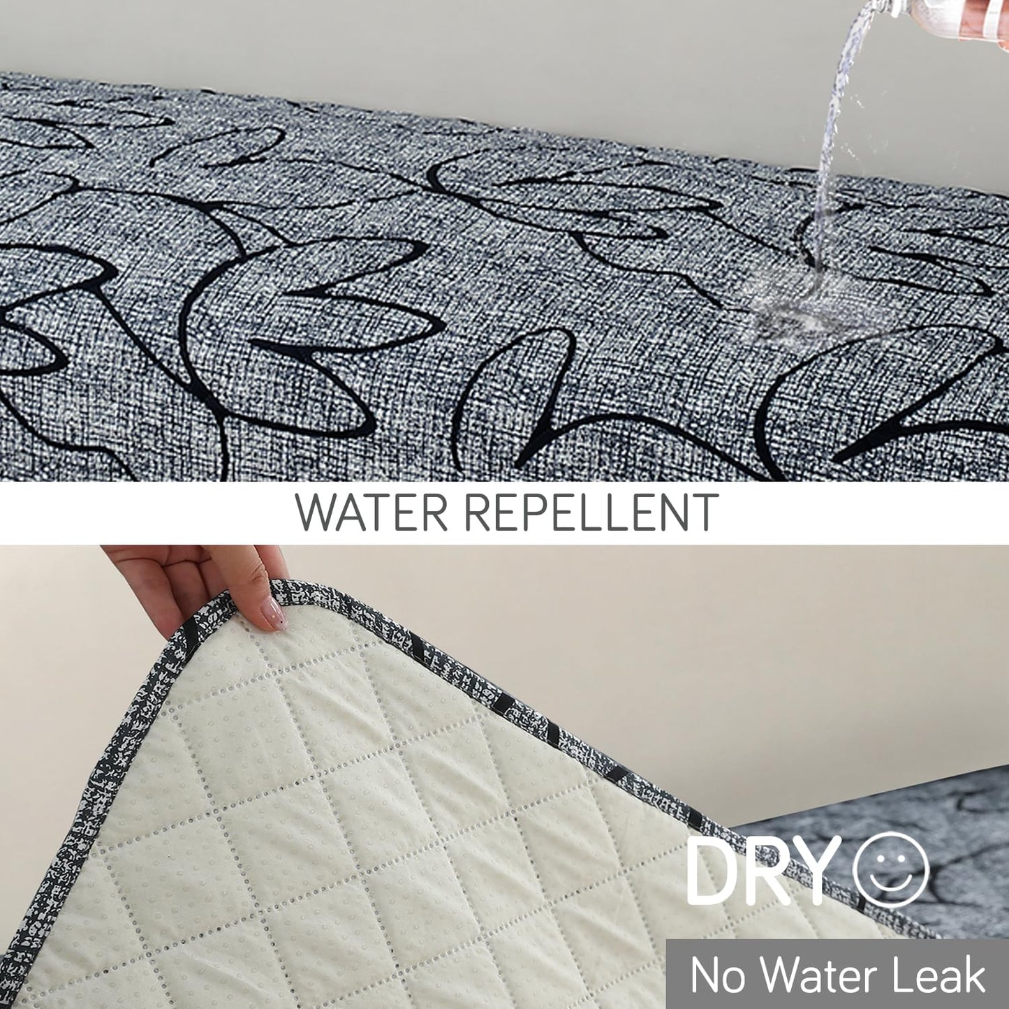 Waterproof Printed Quilted Quick Dry L Shape Sofa Seat Cover Mat, Intense Grey Abstract Floral