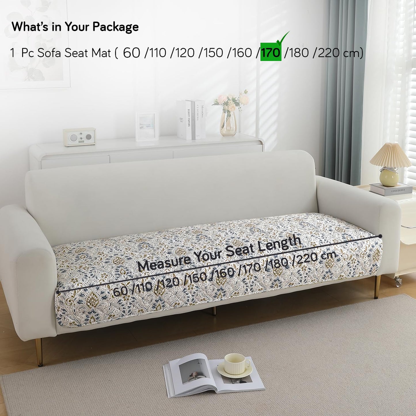 Quilted Waterproof and Anti-Slip Sofa Cover Mat, Damask White