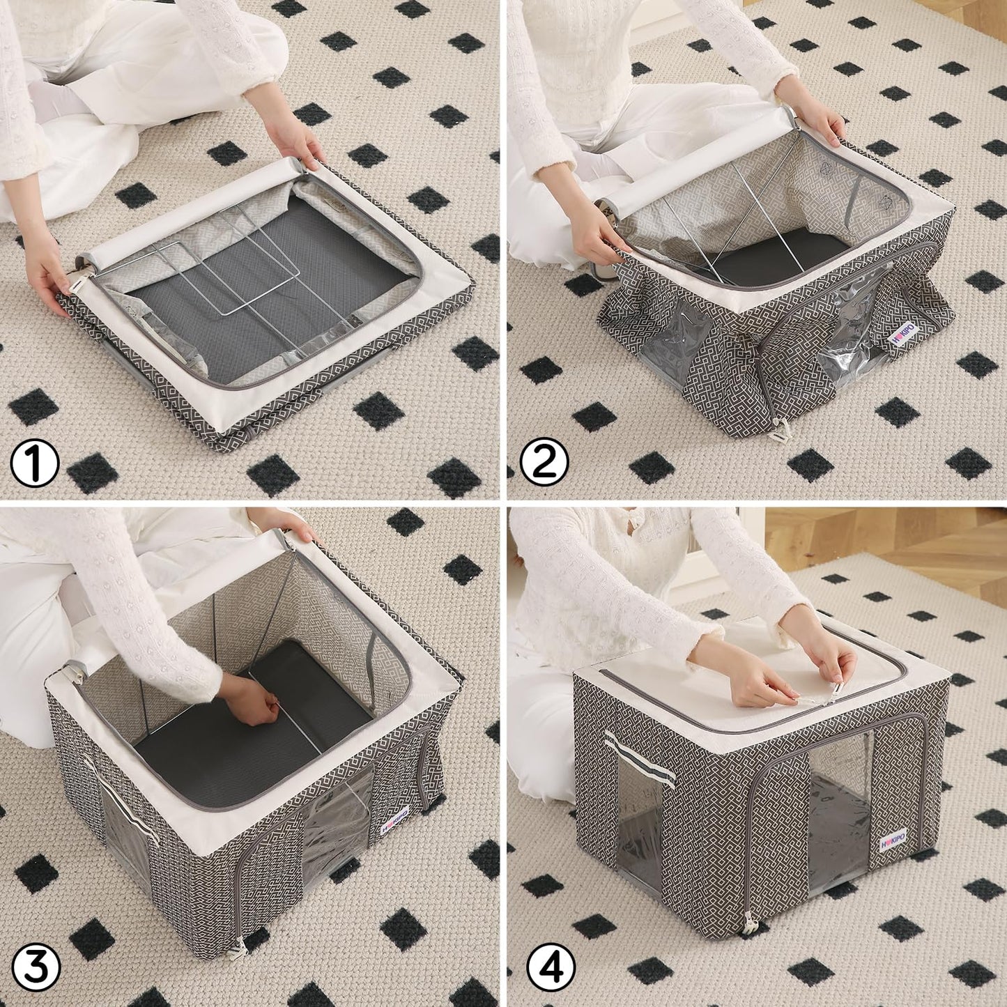 Wardrobe Organizer Storage Box | Foldable Cloth Storage Boxes with Metal Frame & Window | 600D Oxford Fabric, Charcoal Grey