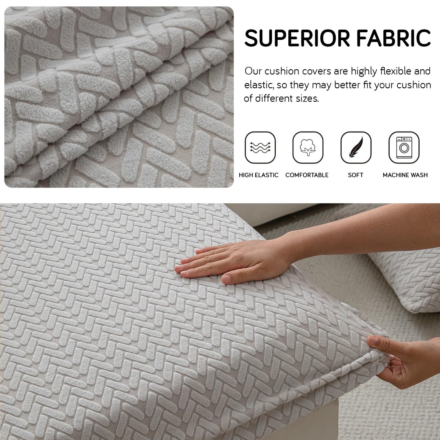 Stretchable Thick Jacquard Textured Seat Couch Cushion Cover for 1/2/3 Seaters, Light Grey