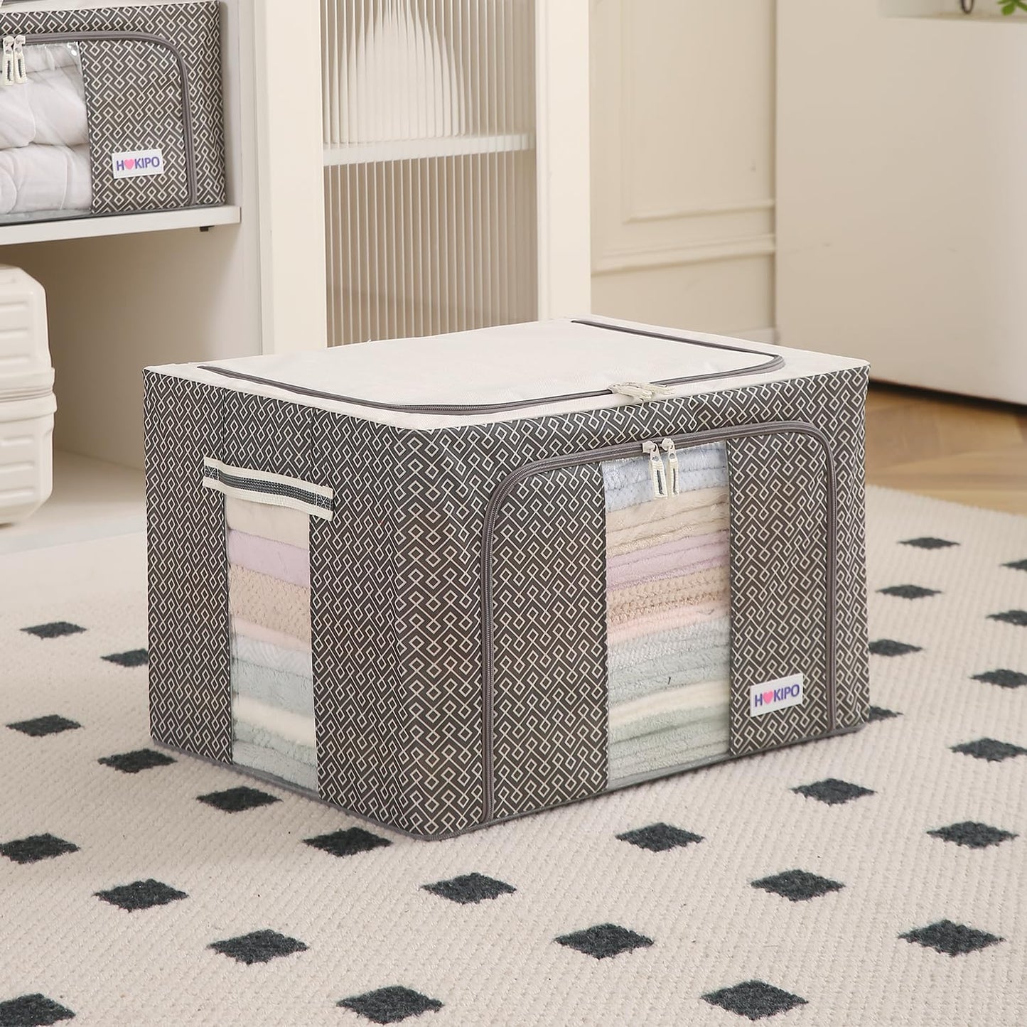 Wardrobe Organizer Storage Box | Foldable Cloth Storage Boxes with Metal Frame & Window | 600D Oxford Fabric, Charcoal Grey