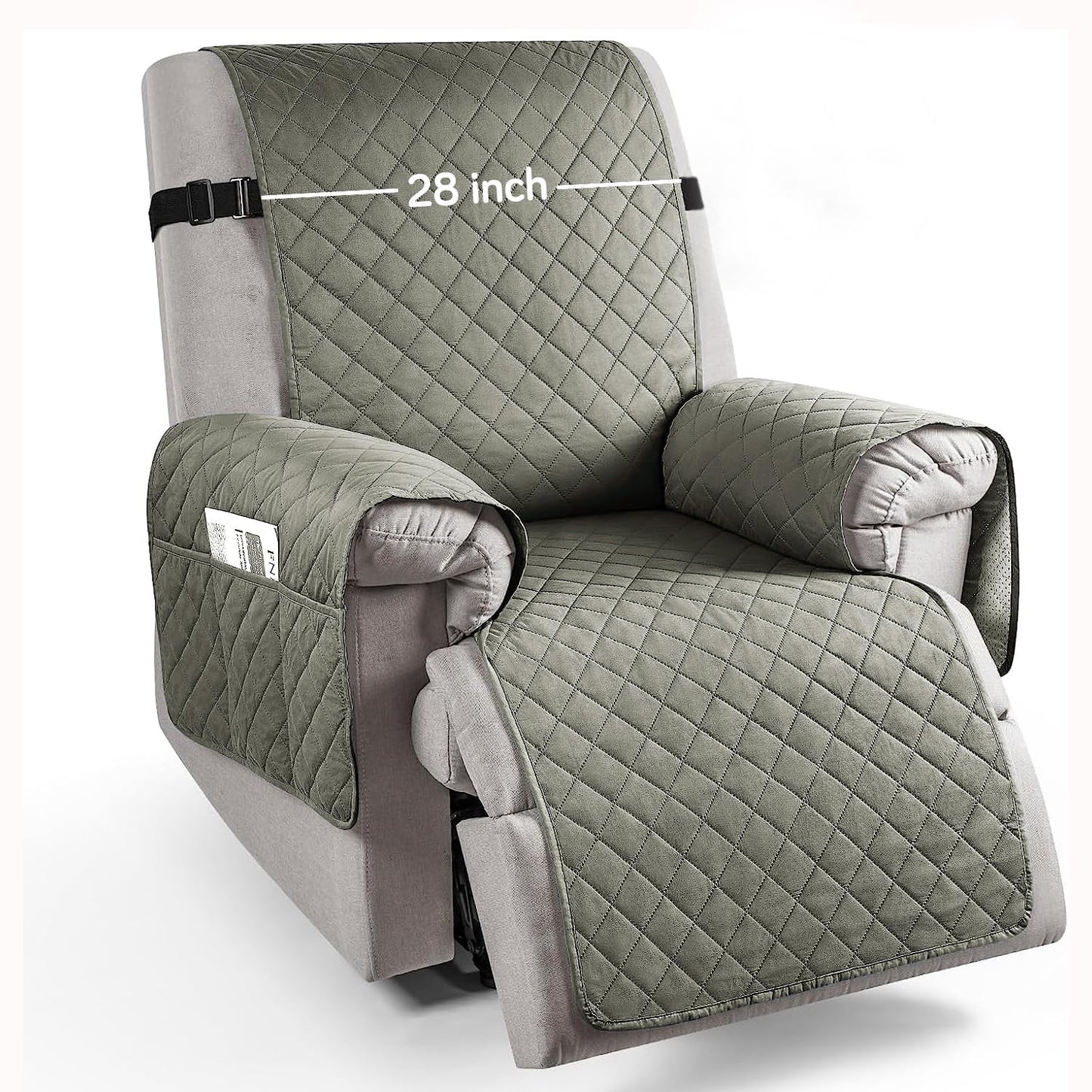 Quilted Recliner Chair Cover With Side Pockets for 1 Seater Sofa, Light Grey