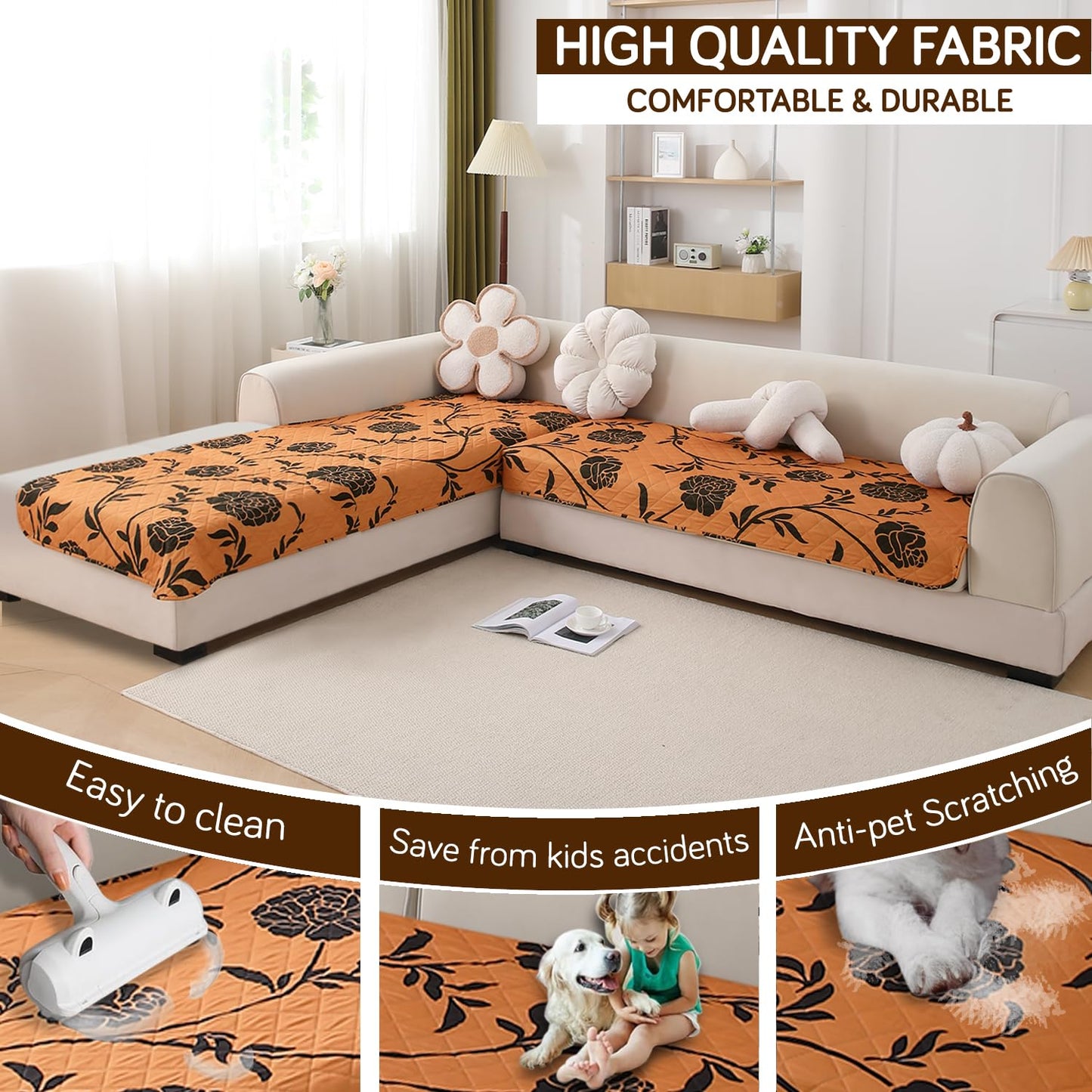 Waterproof Printed Quilted Quick Dry L Shape Sofa Seat Cover Mat, Copper Brown Floral