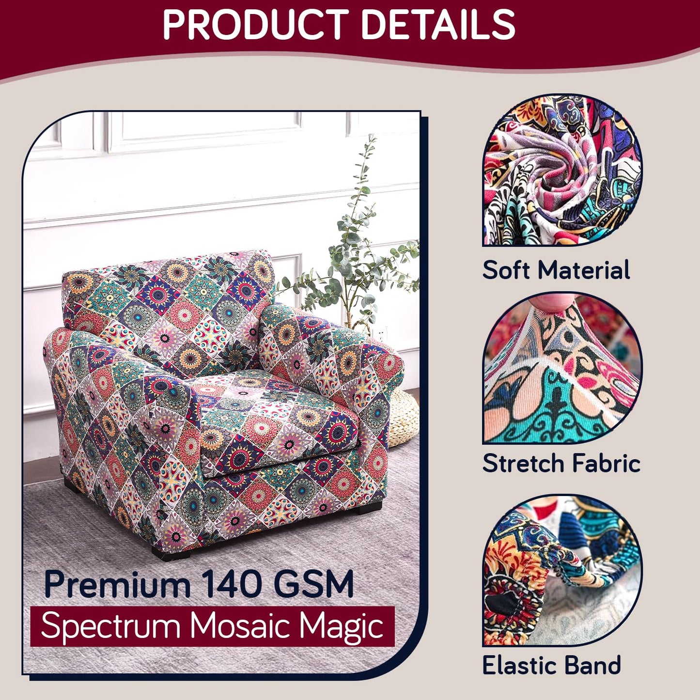 Printed Stretchable Sofa Slipcover with 1/2/3 Pc Separate Seat Cushion Cover for each 1/2/3 Seater, Spectrum Mosaic Magic