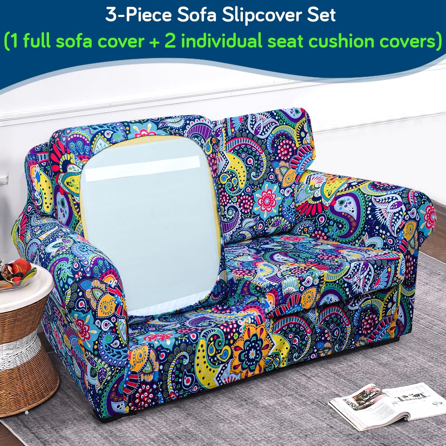 Printed Stretchable Sofa Slipcover with 1/2/3 Pc Separate Seat Cushion Cover for each 1/2/3 Seater, Saphire Boho Carnival