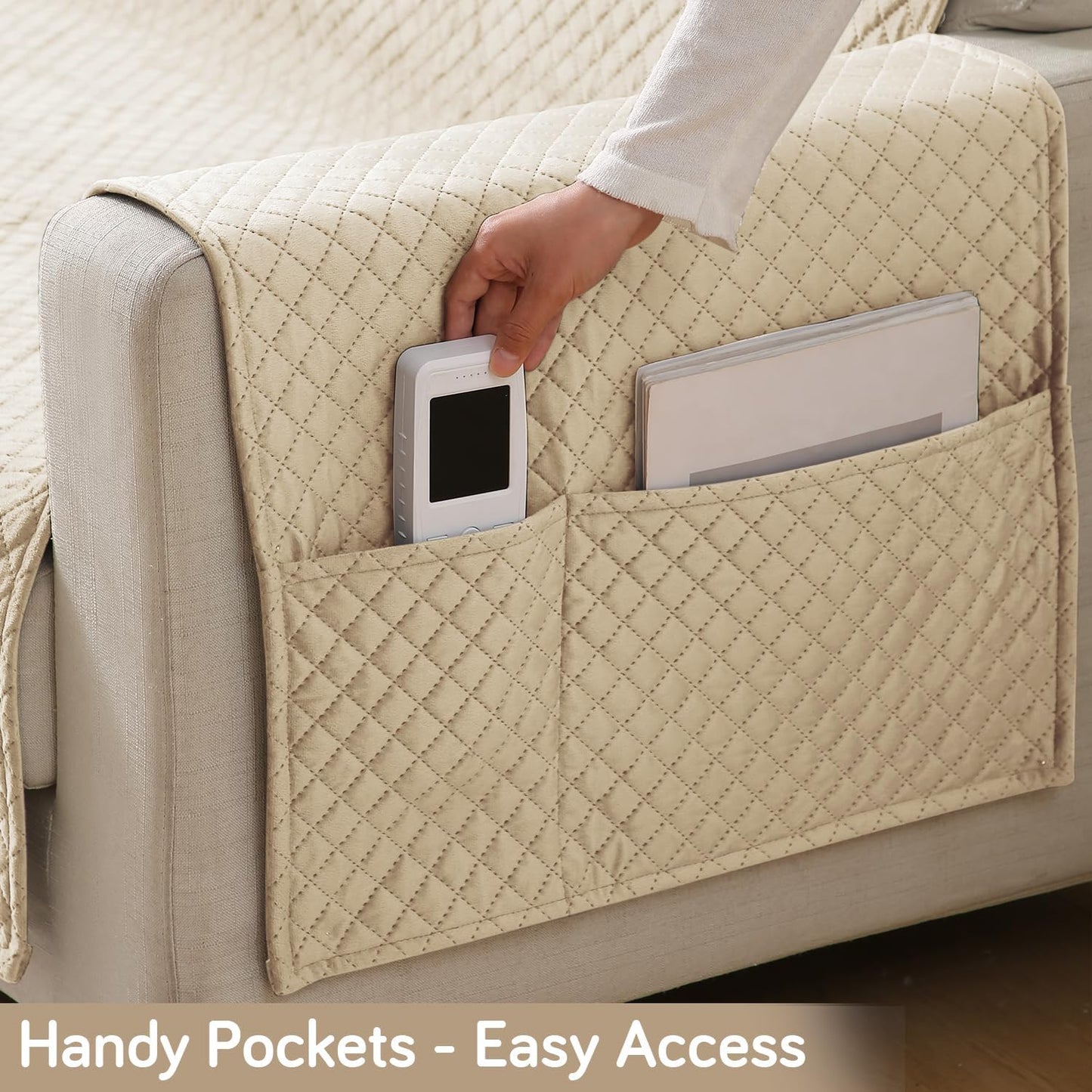 Quilted Velvet Sofa Cover Mat with Side Pockets, Pet Friendly, Natural Beige