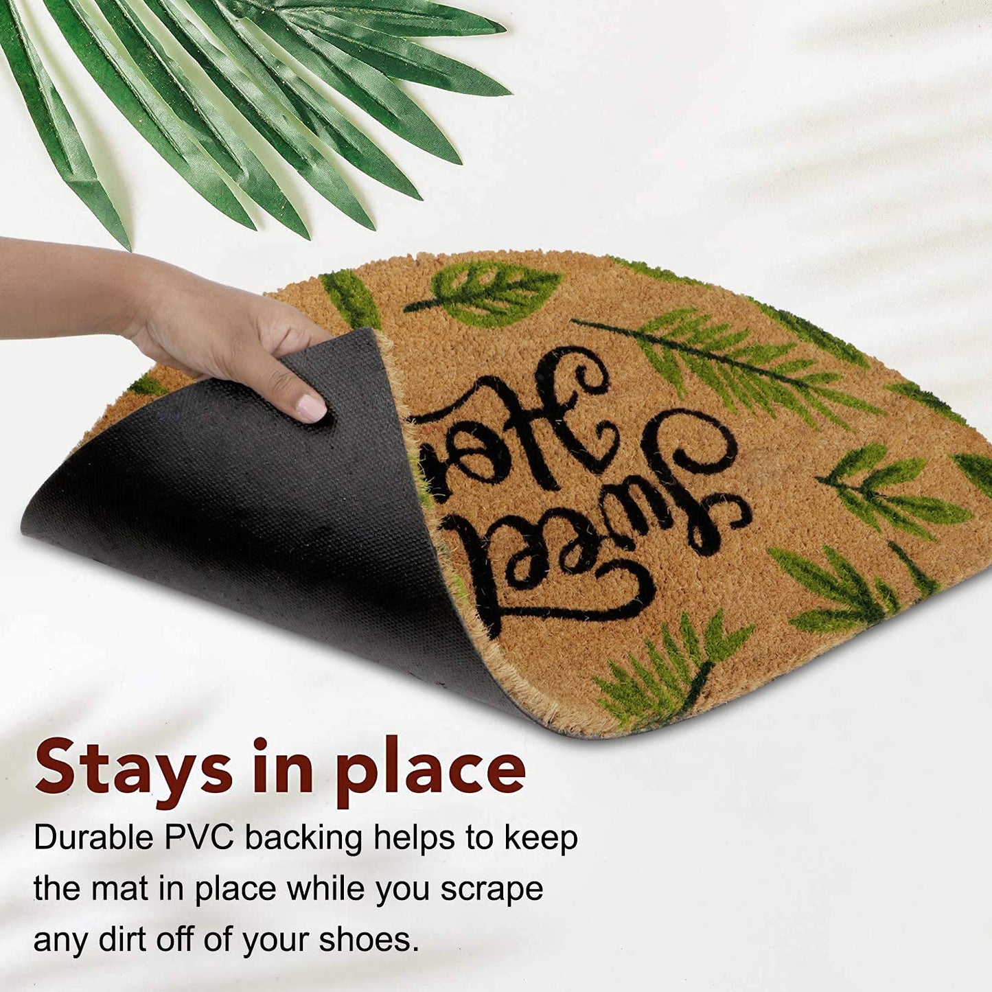 Natural Coconut Coir Mat for Entrance with PVC Backing, Sweet Home (Large 45x75 cm, Green)