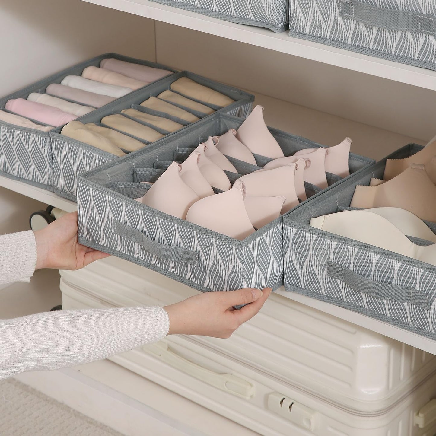 Lingerie Organizer for Women – Bra Organizer for Wardrobe & Drawers | Foldable Innerwear Organiser for Bras, Camisoles | Non-Woven Fabric, Grey leaves