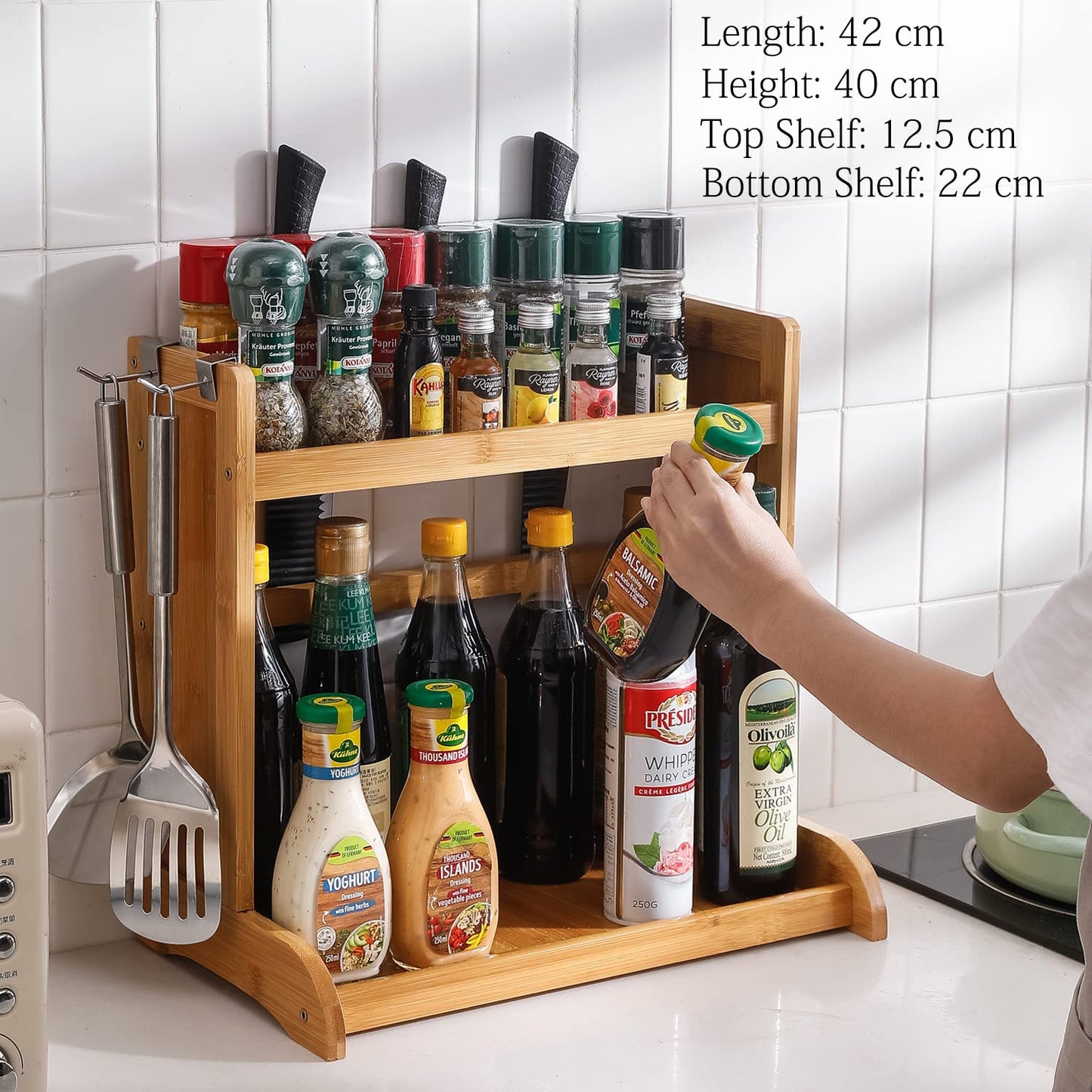 Bamboo 2 Tier Spice Rack Organizer For Kitchen Platform Countertop, Tabletop, Hanging Rack Storage Shelf Stand, Tiered Shelf