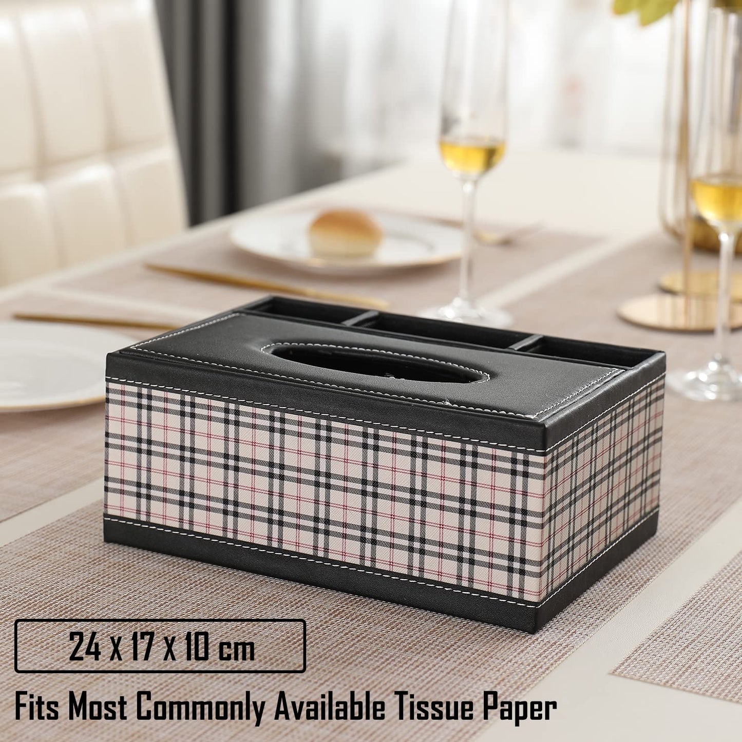 Faux Leather Tissue Storage Box with Compartment Remote Control Holder Desk Organizer