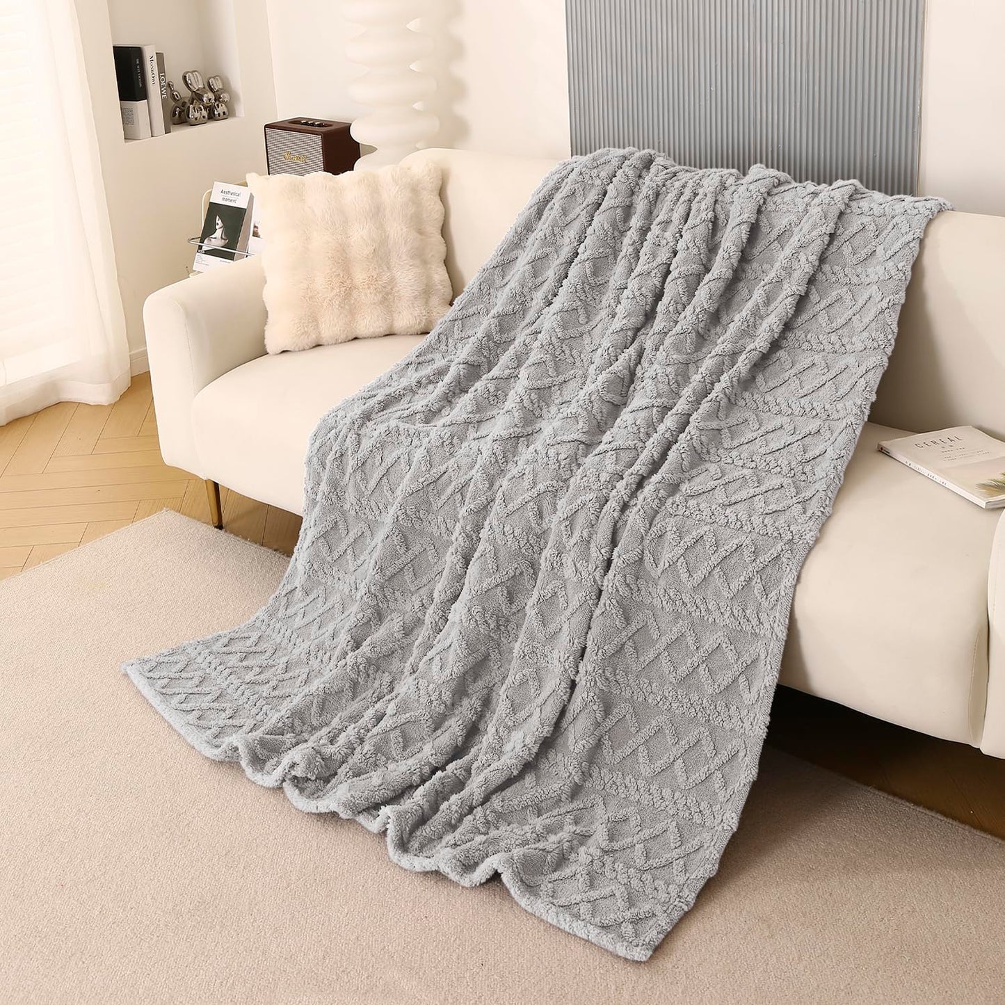 220 GSM Flannel AC Throw Blanket Double Bed Queen, 200x230 cm / 6.5x7.5 feet, Light Grey