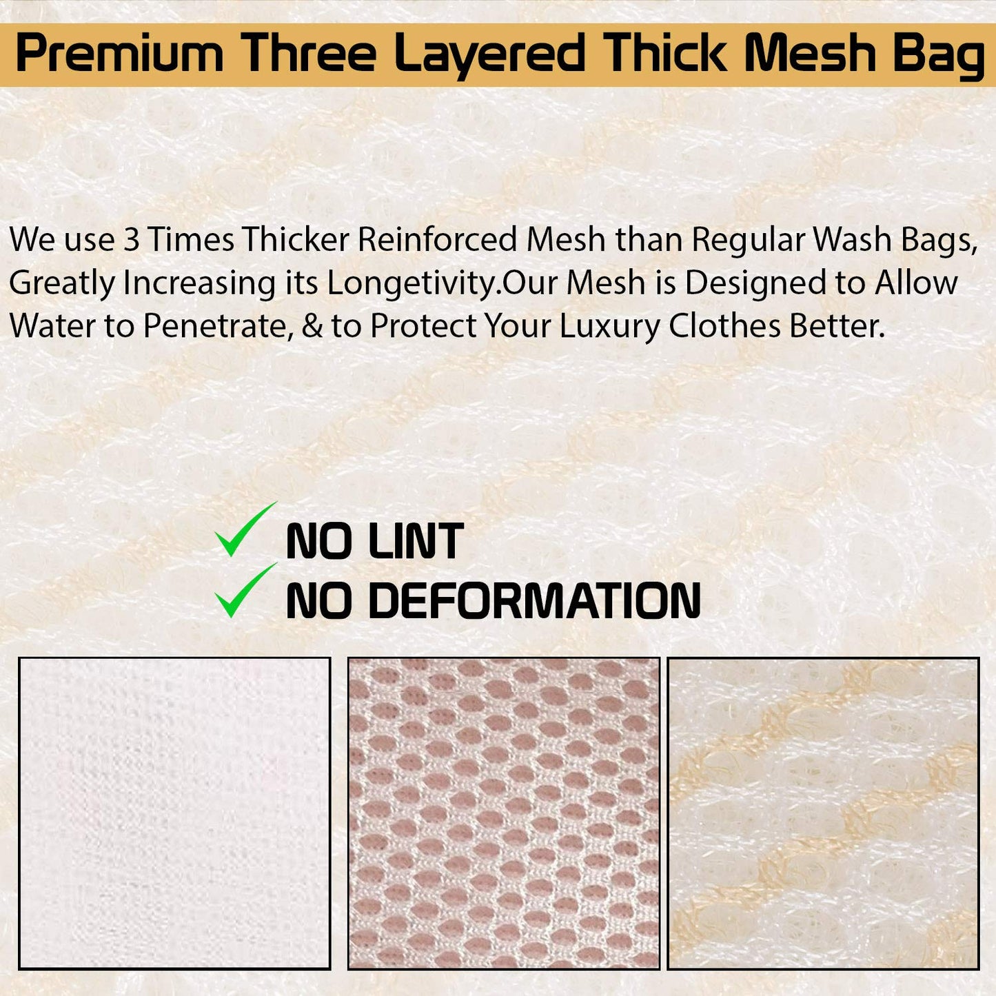 Premium Dual Layered Mesh Bags for Laundry Clothes Washing Bag, Pack of 3 (Beige)